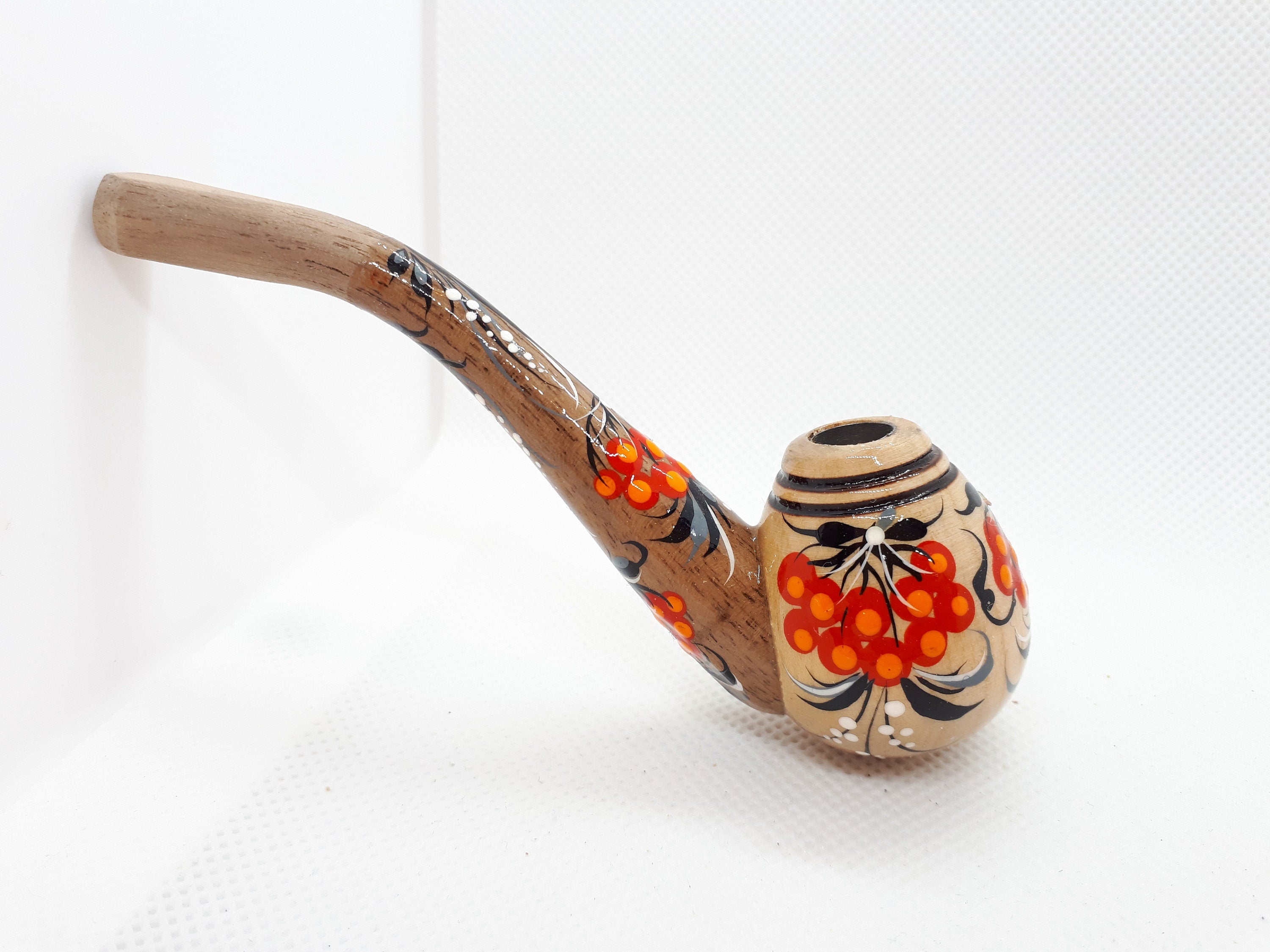 Regular Cigarette Holder - Painted Wooden Mini Pipe Cigarette Holder with Ukrainian Folk Art Petrykivka