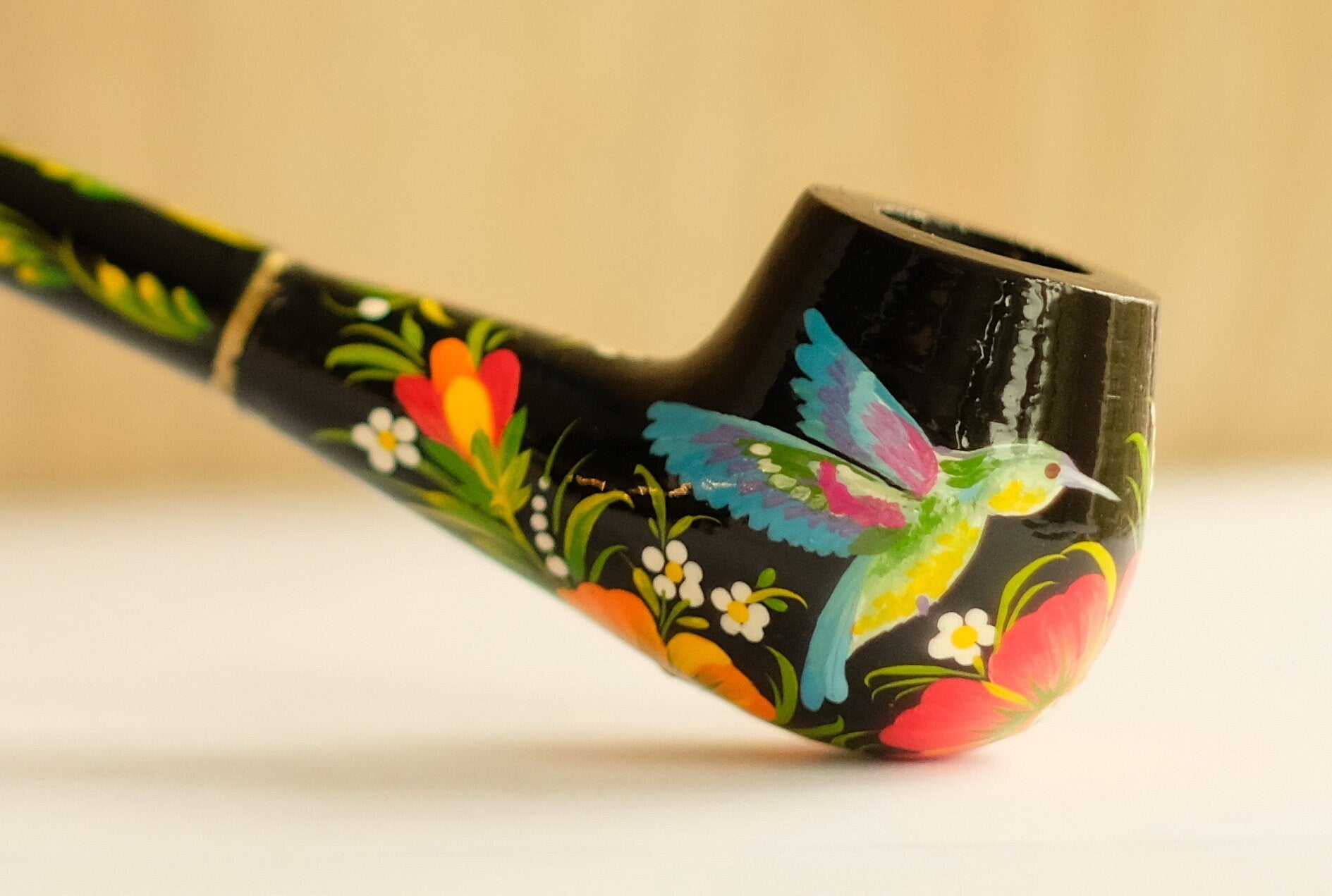 Long Hummingbird Smoking Pipe - Ukrainian Folk Art Petrykivka - Painted Wooden Tobacco Pipe
