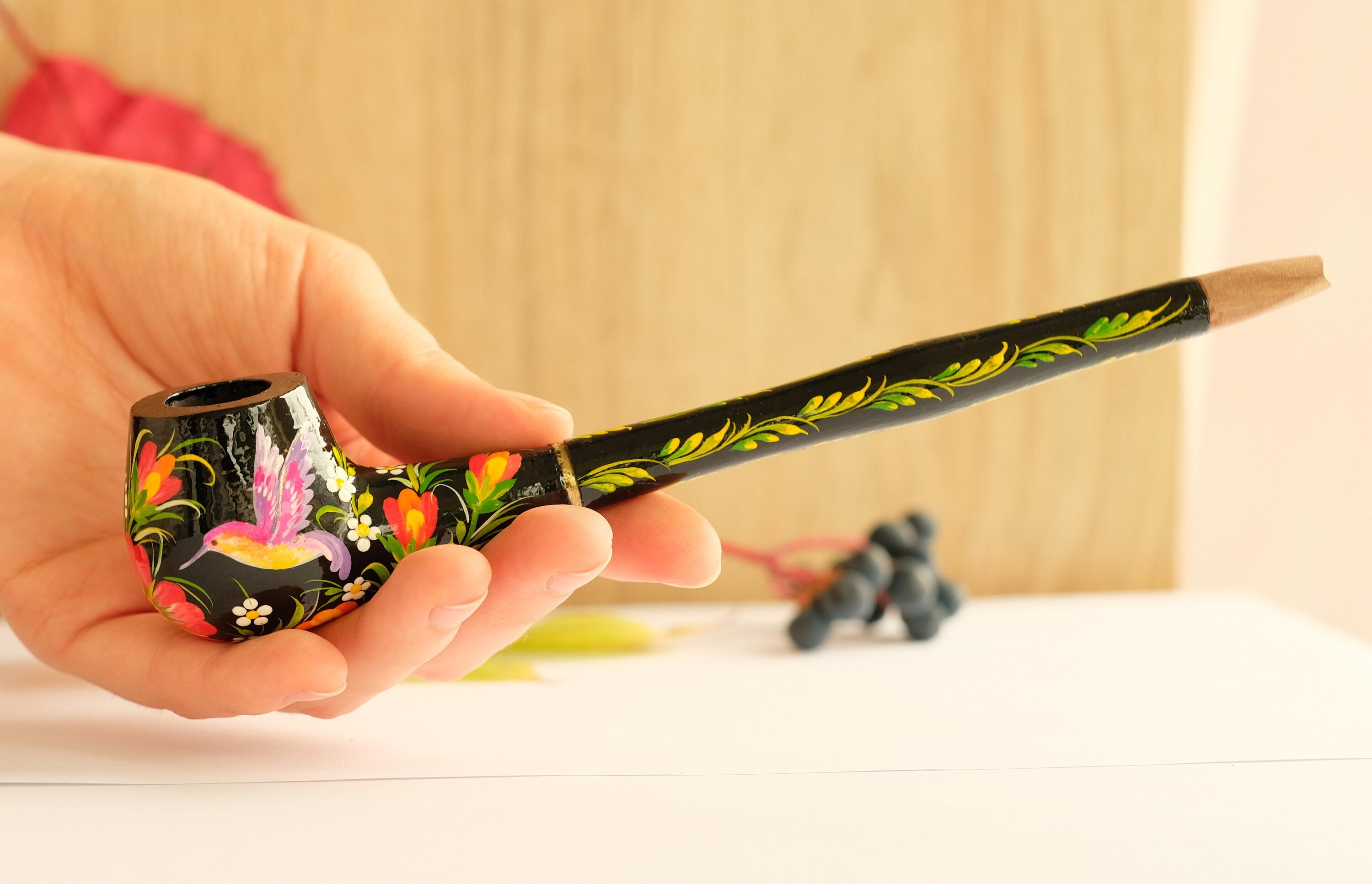 Long Hummingbird Smoking Pipe - Ukrainian Folk Art Petrykivka - Painted Wooden Tobacco Pipe