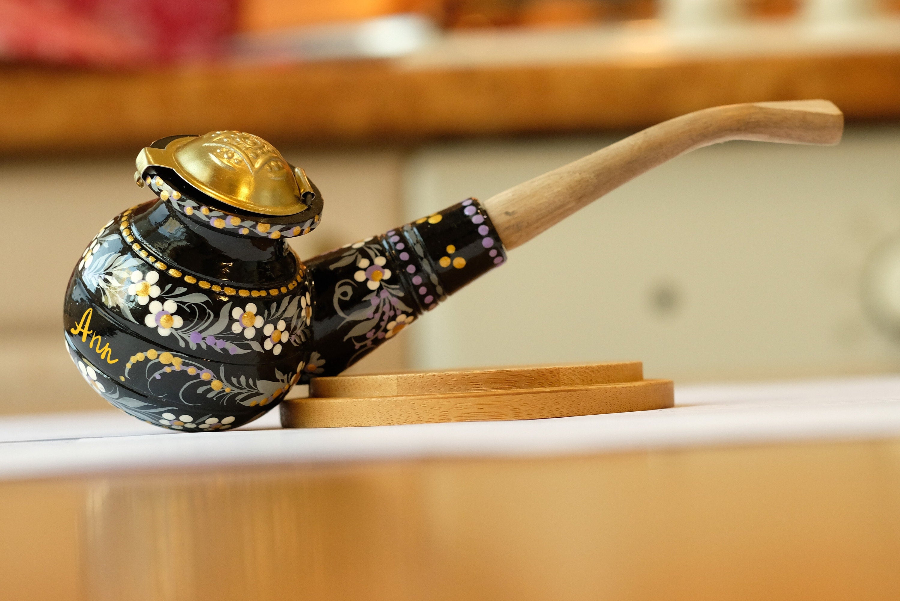 Personalized Wooden Smoking Pipe with Lid - Black Flower Tobacco Pipe with Ukrainian Folk Art Petrykivka