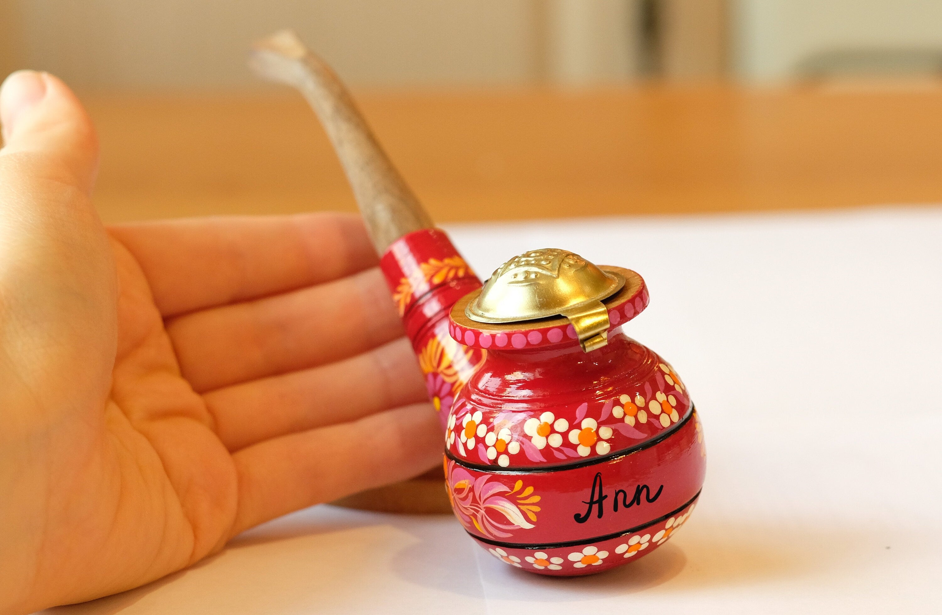 Personalized Wooden Smoking Pipe with Lid - Burgundy Tobacco Pipe with Ukrainian Folk Art Petrykivka