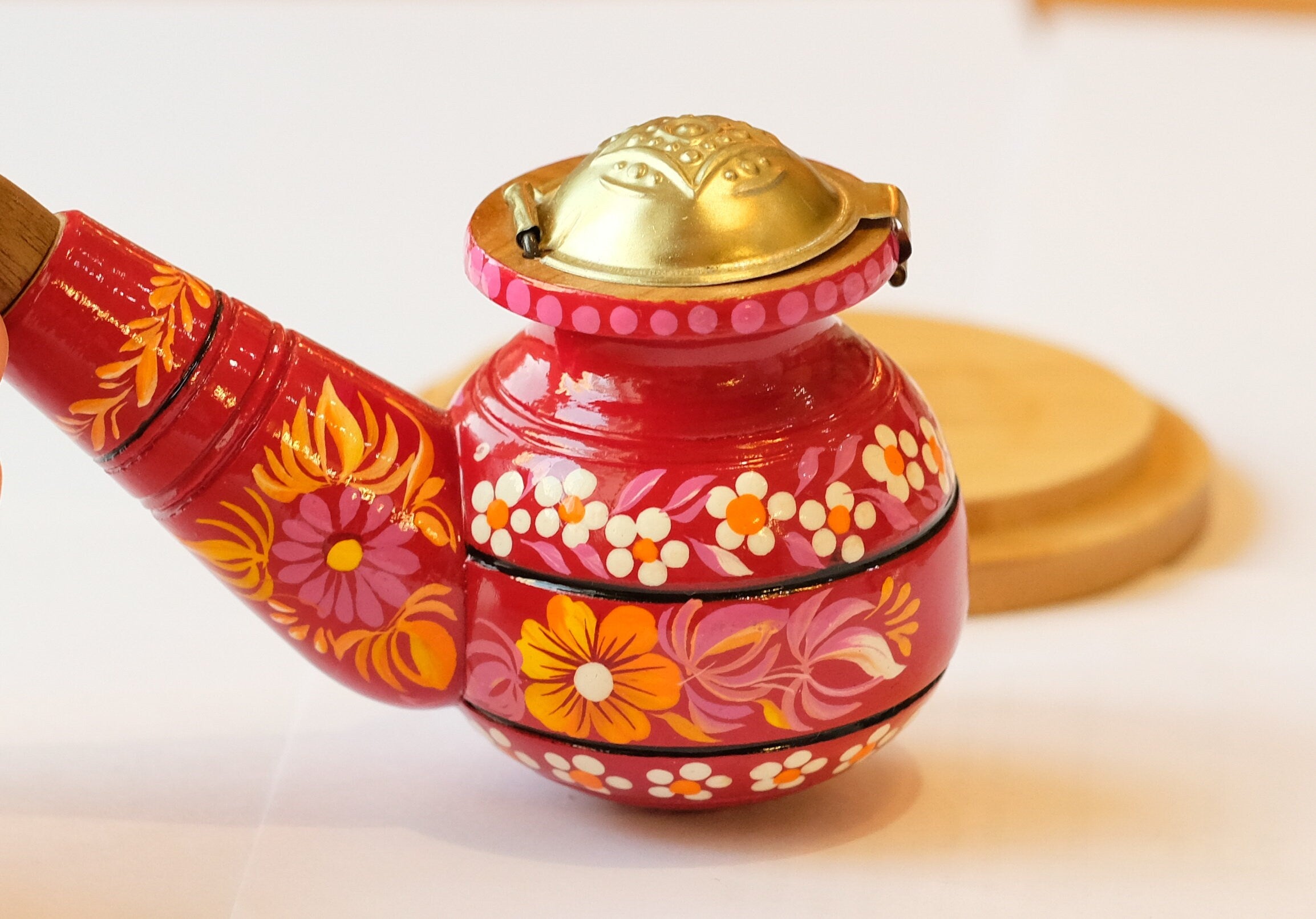 Personalized Wooden Smoking Pipe with Lid - Burgundy Tobacco Pipe with Ukrainian Folk Art Petrykivka