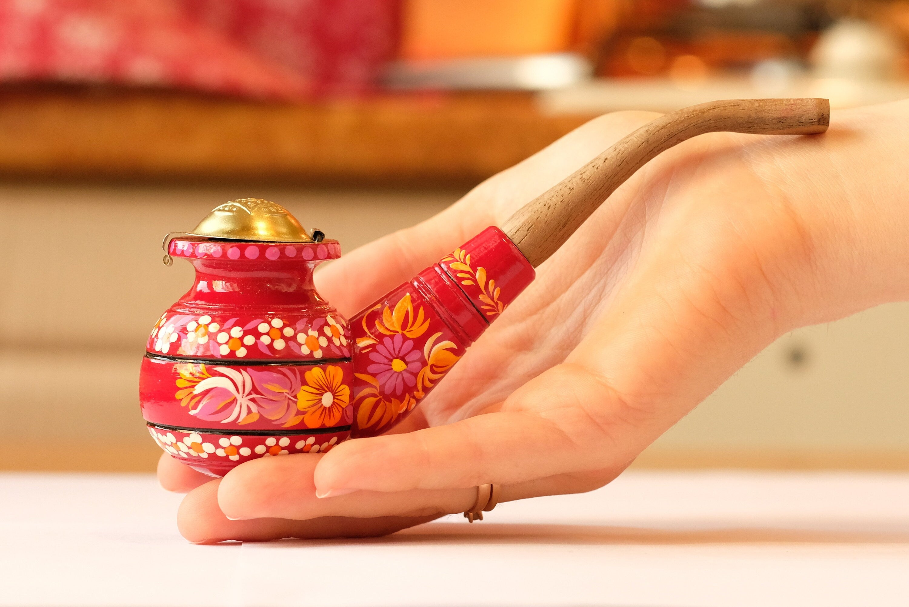 Personalized Wooden Smoking Pipe with Lid - Burgundy Tobacco Pipe with Ukrainian Folk Art Petrykivka