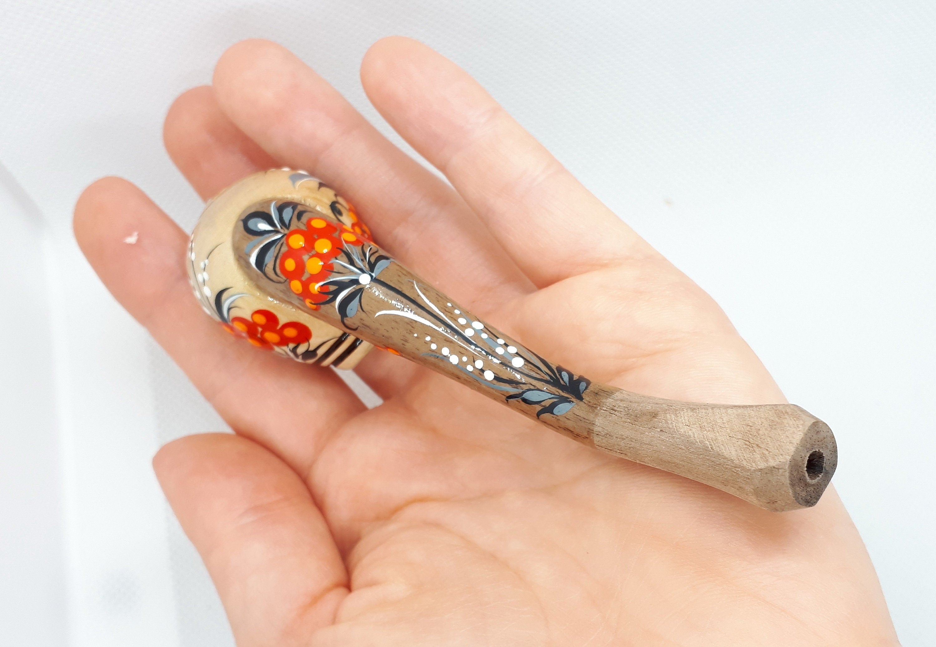 Regular Cigarette Holder - Painted Wooden Mini Pipe Cigarette Holder with Ukrainian Folk Art Petrykivka