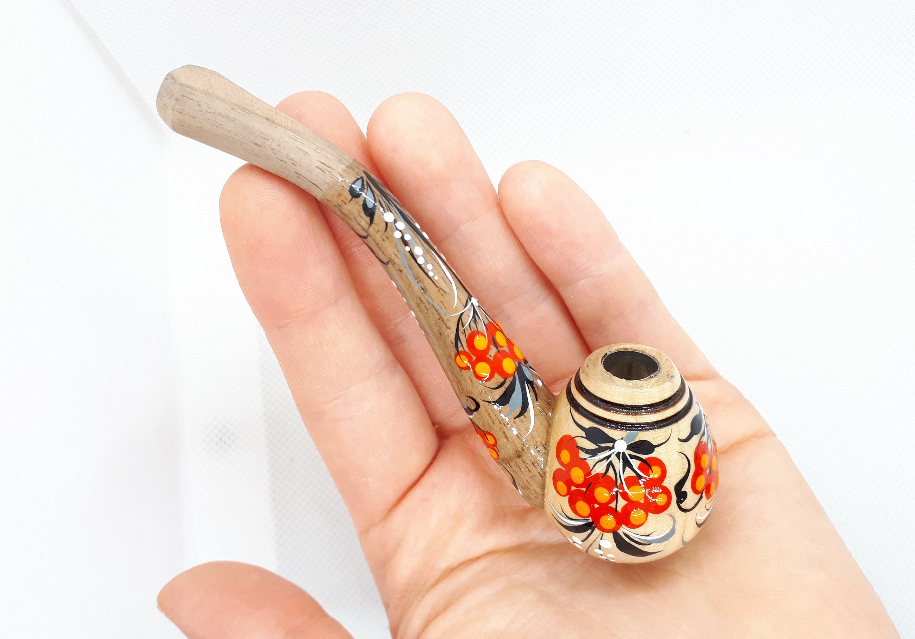 Regular Cigarette Holder - Painted Wooden Mini Pipe Cigarette Holder with Ukrainian Folk Art Petrykivka