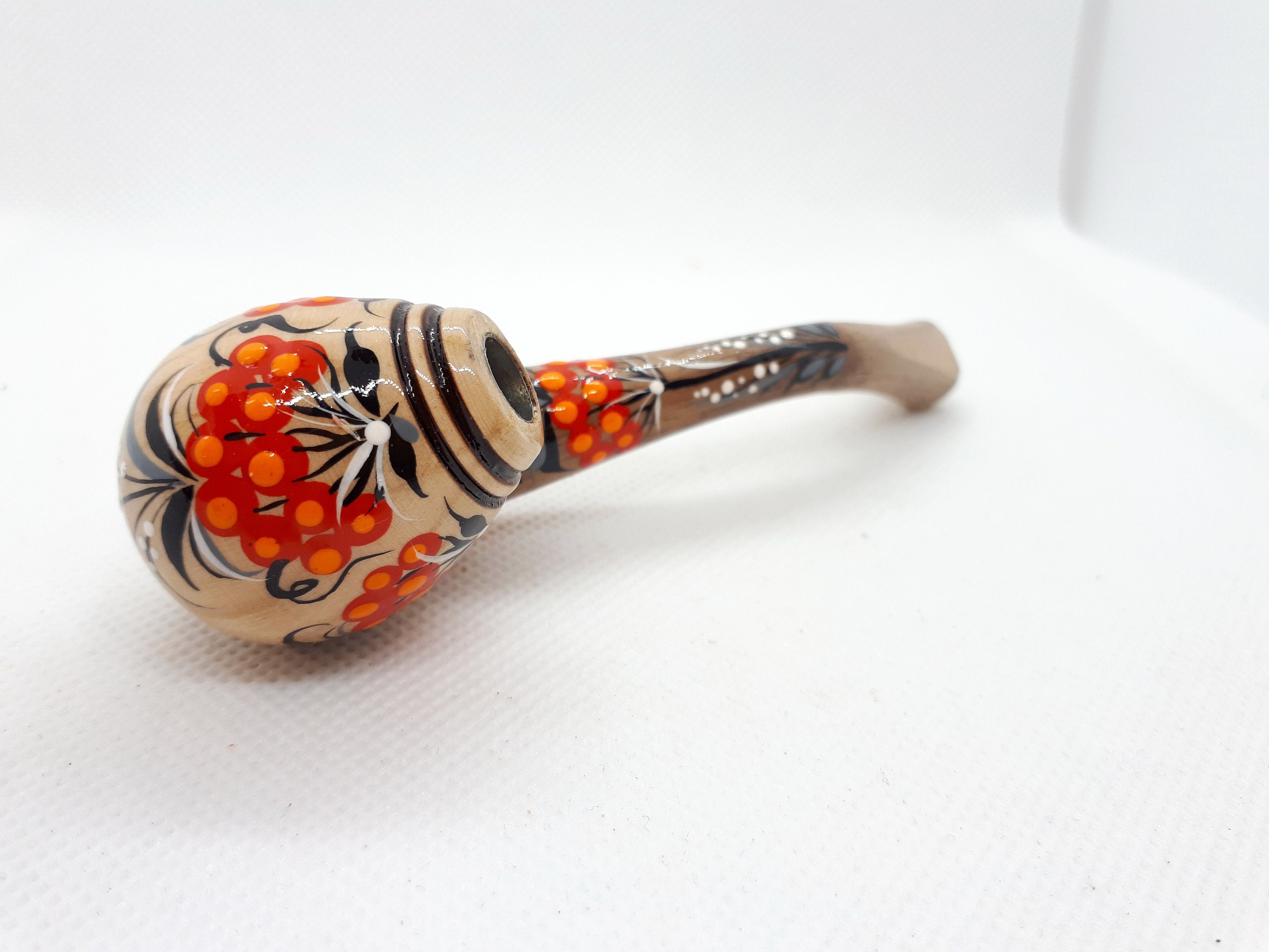 Regular Cigarette Holder - Painted Wooden Mini Pipe Cigarette Holder with Ukrainian Folk Art Petrykivka