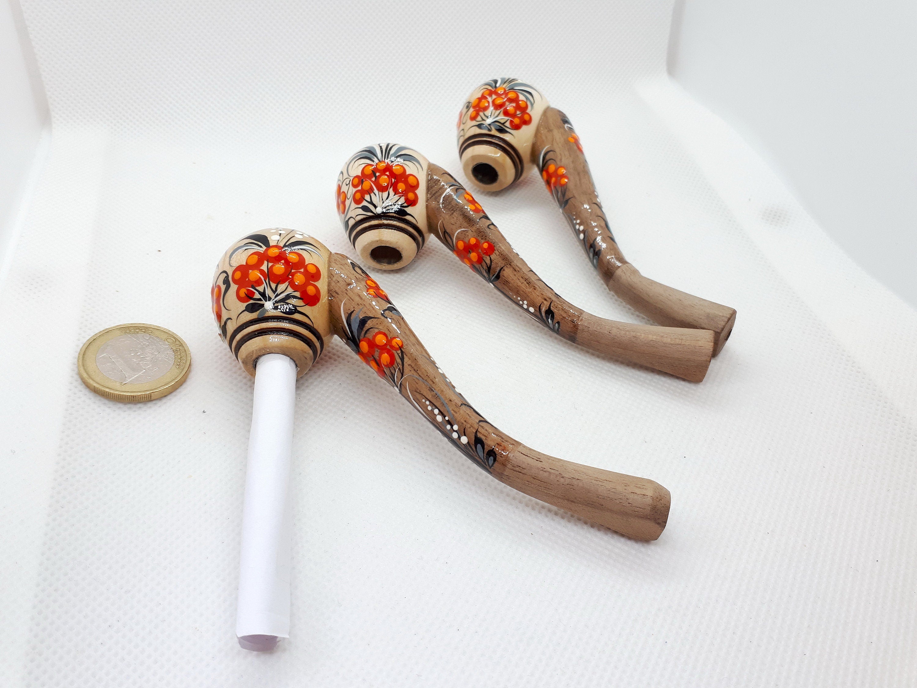 Regular Cigarette Holder - Painted Wooden Mini Pipe Cigarette Holder with Ukrainian Folk Art Petrykivka