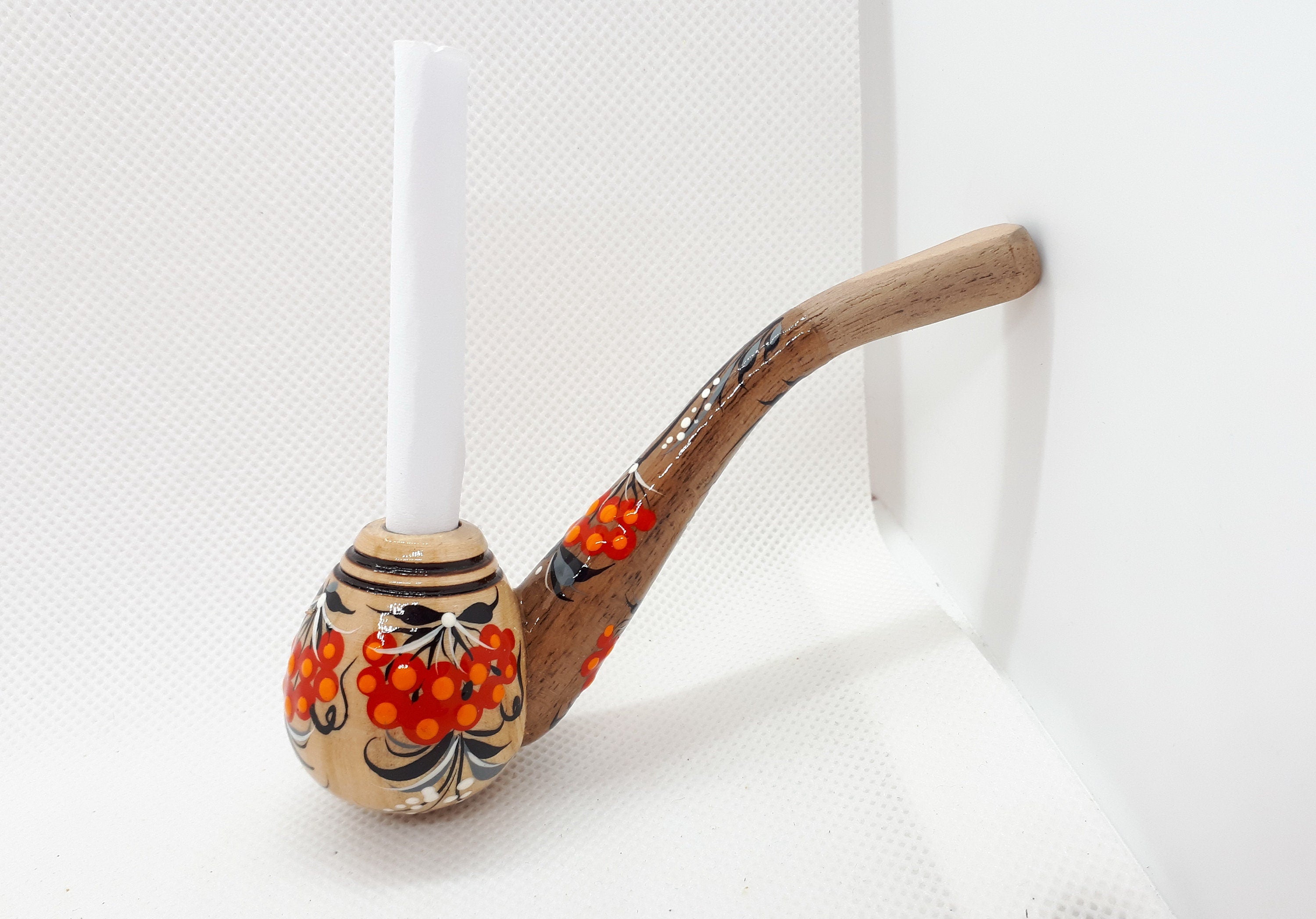 Regular Cigarette Holder - Painted Wooden Mini Pipe Cigarette Holder with Ukrainian Folk Art Petrykivka