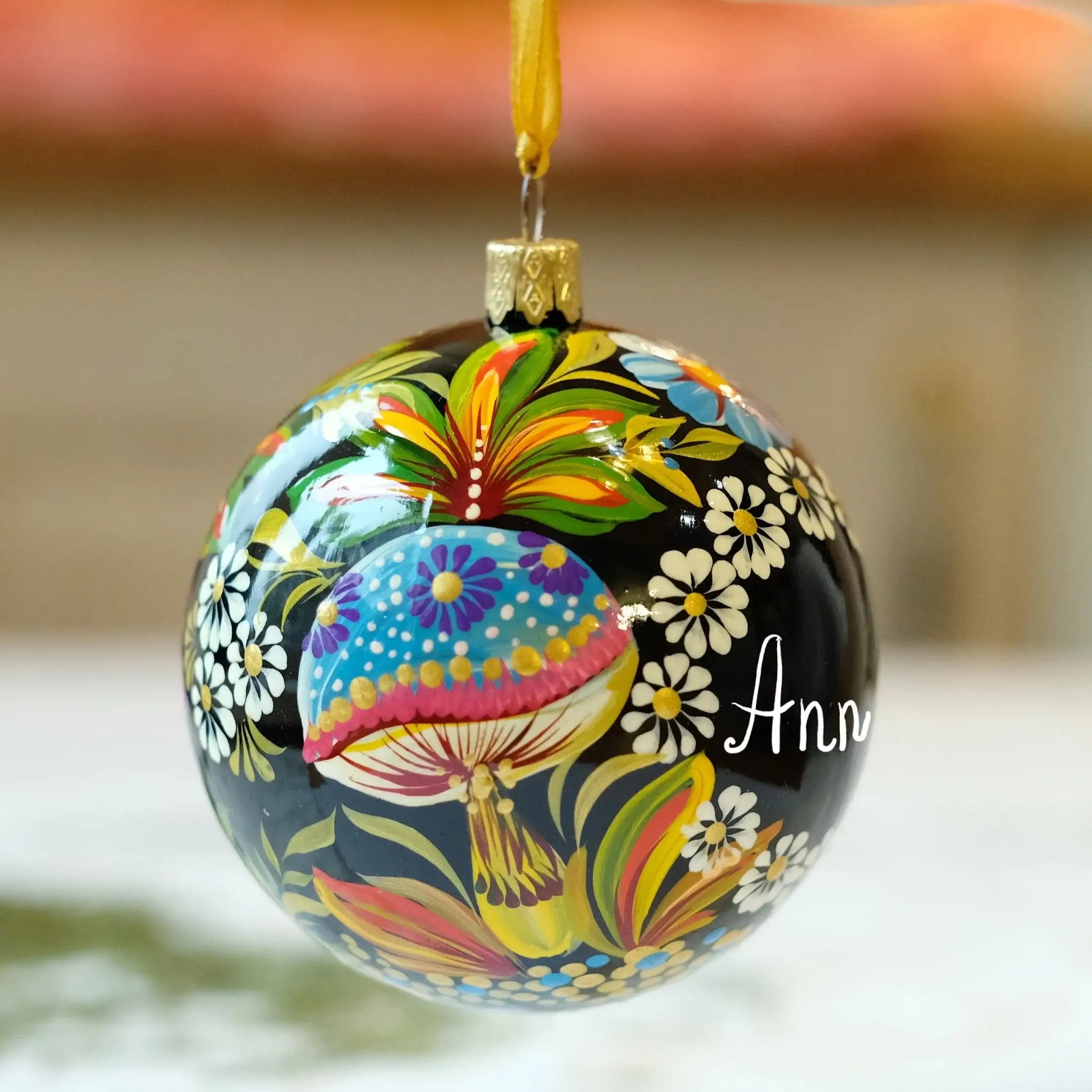 Personalized Painted Mushroom Christmas Ornament - Handmade Christmas Tree Decoration, Petrykivka Art