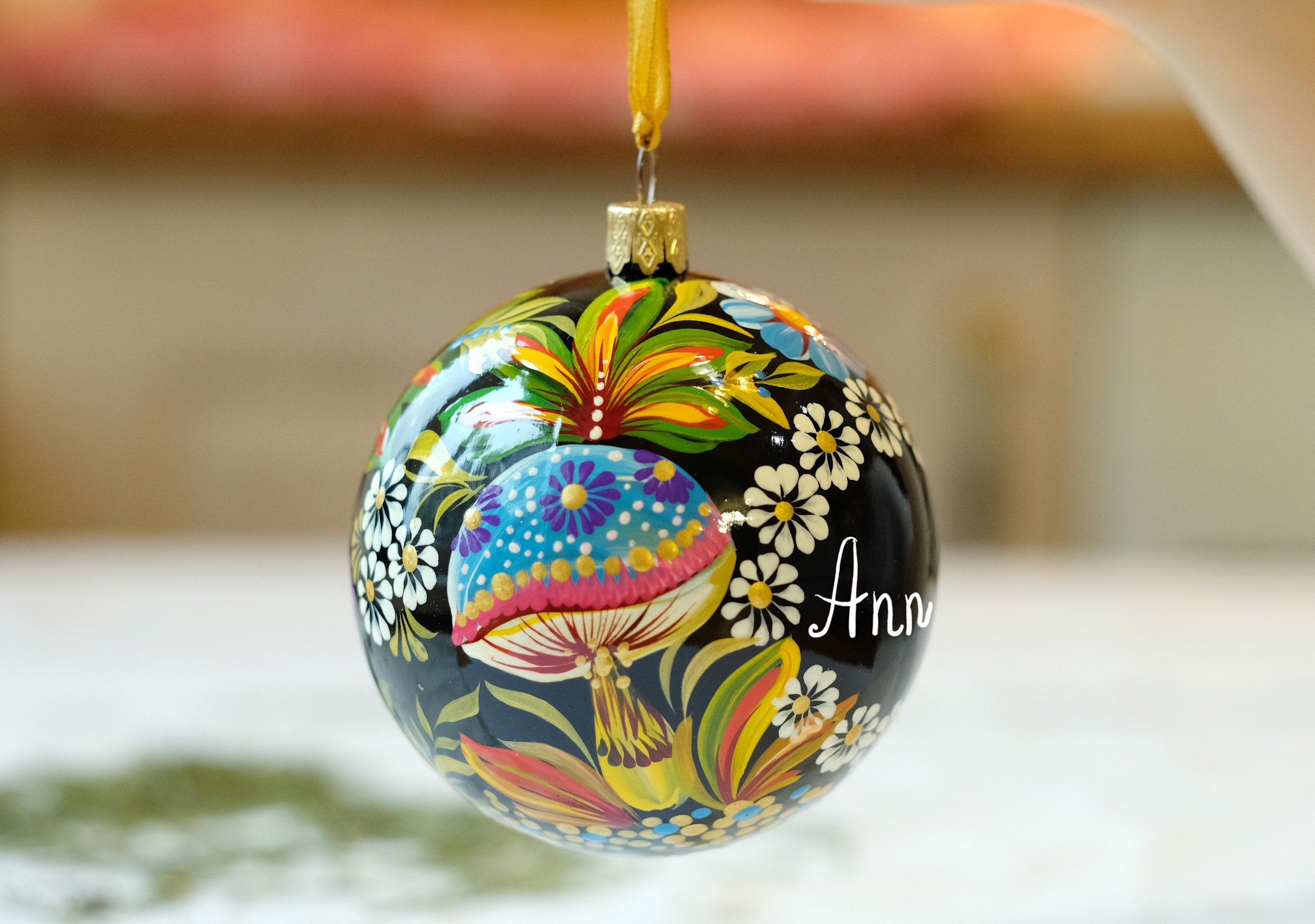 Personalized Painted Mushroom Christmas Ornament - Handmade Christmas Tree Decoration, Petrykivka Art