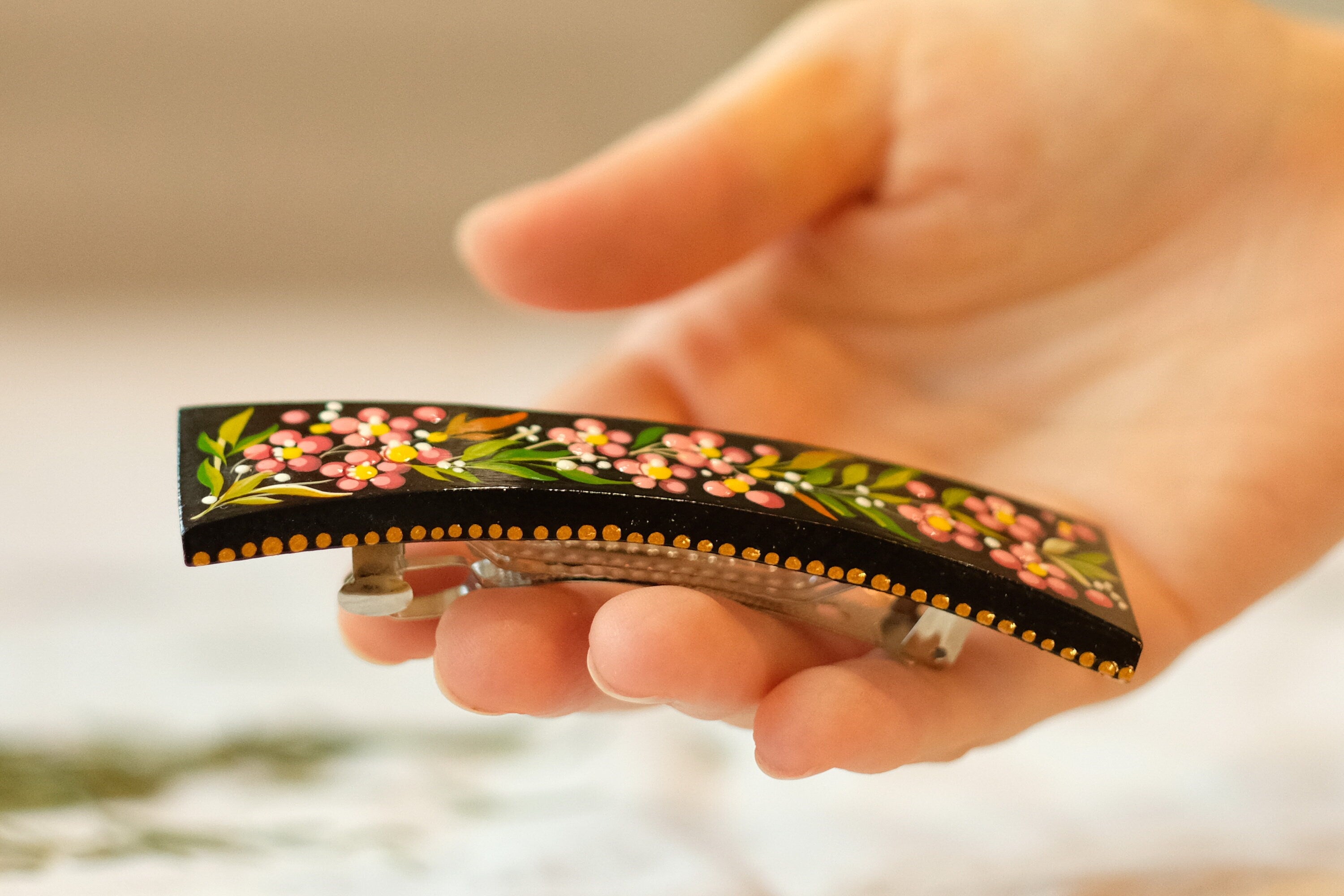 Painted Wooden Cherry Blossom Hair Barrette - Petrykivka Art Pink Flower French Hair Clip