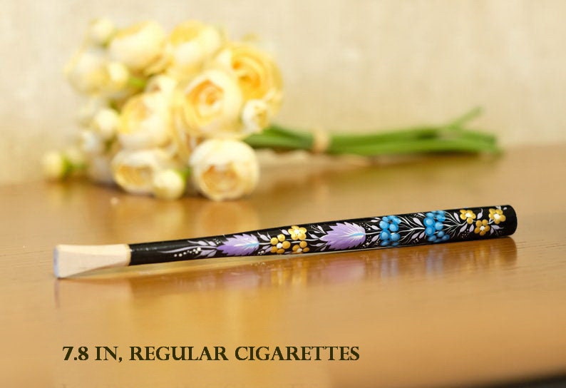 Regular & Slim Wooden Cigarette Holder - Painted Flower Mouthpiece with Ukrainian Folk Art Petrykivka