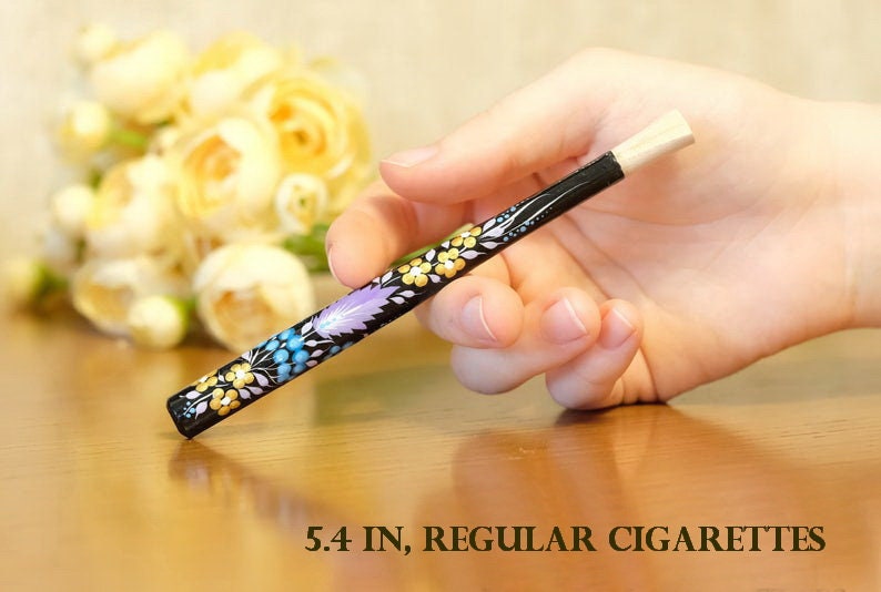 Regular & Slim Wooden Cigarette Holder - Painted Flower Mouthpiece with Ukrainian Folk Art Petrykivka