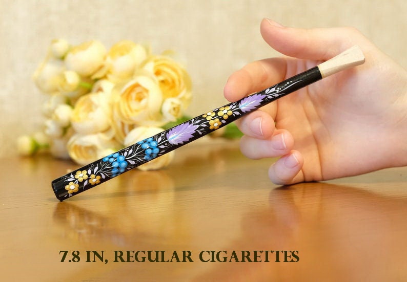 Regular & Slim Wooden Cigarette Holder - Painted Flower Mouthpiece with Ukrainian Folk Art Petrykivka