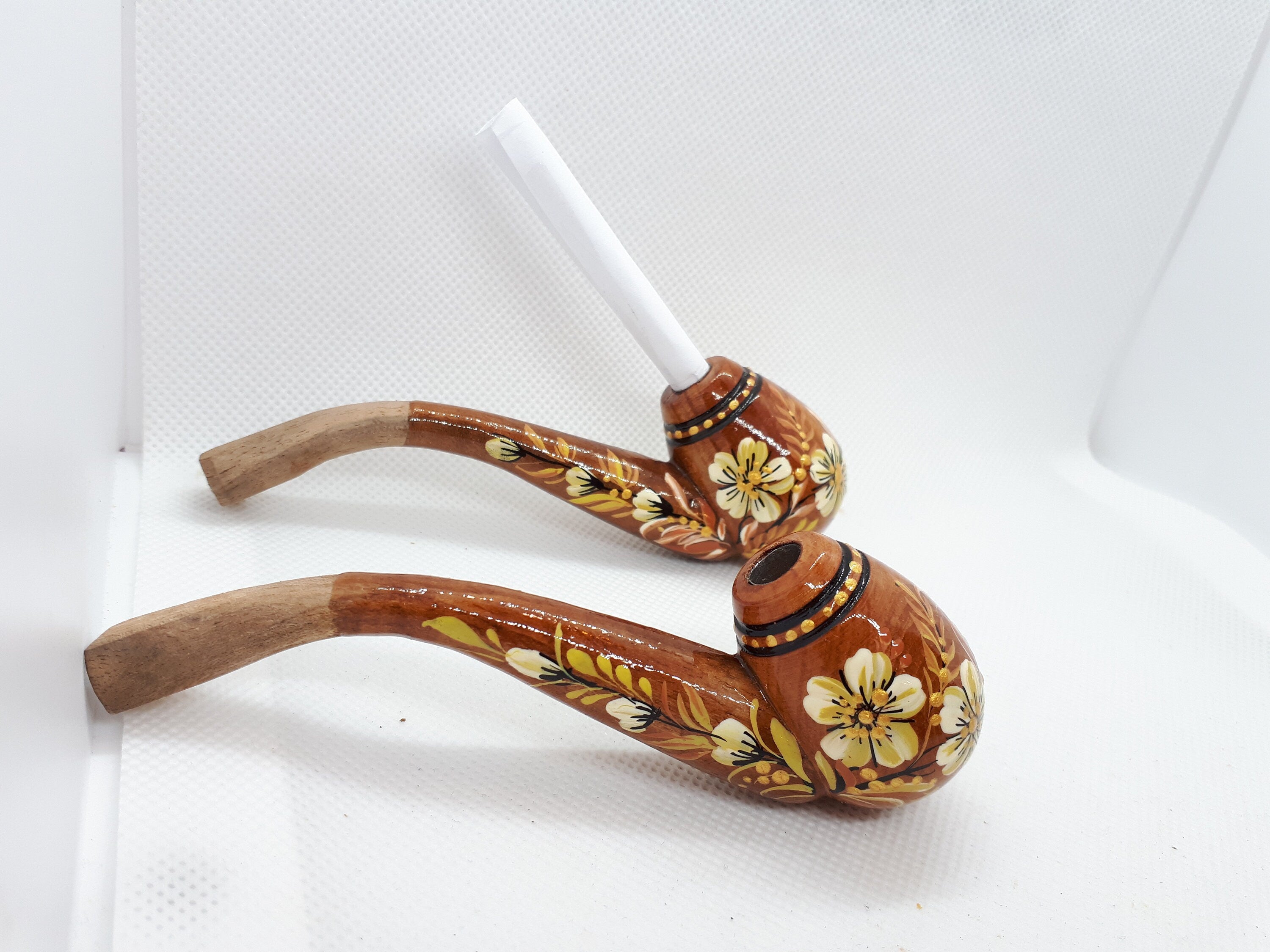 Regular Cigarette Holder - Painted Wooden Mini Pipe Cigarette Holder with Ukrainian Folk Art Petrykivka