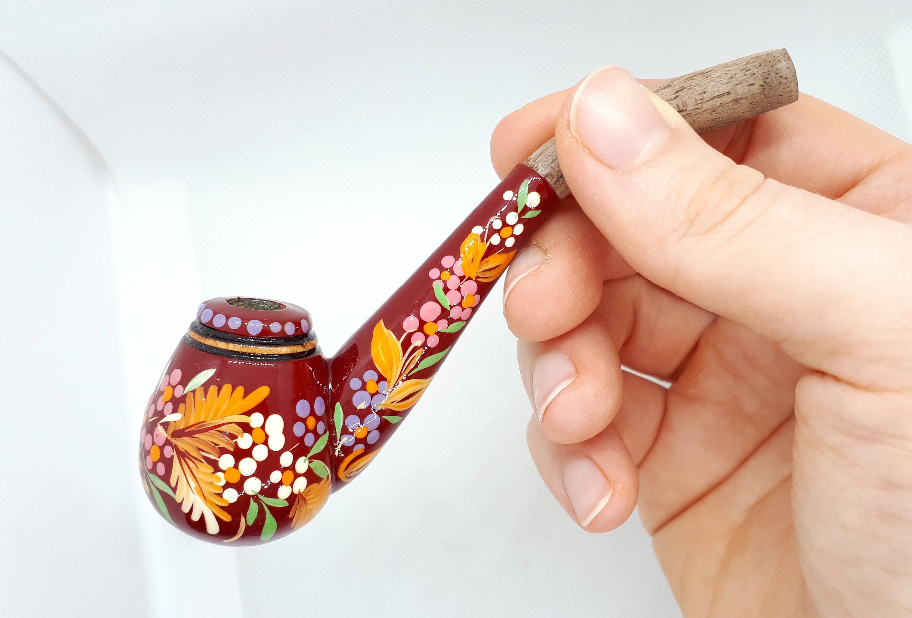 Regular Cigarette Holder - Painted Wooden Mini Pipe Cigarette Holder with Ukrainian Folk Art Petrykivka