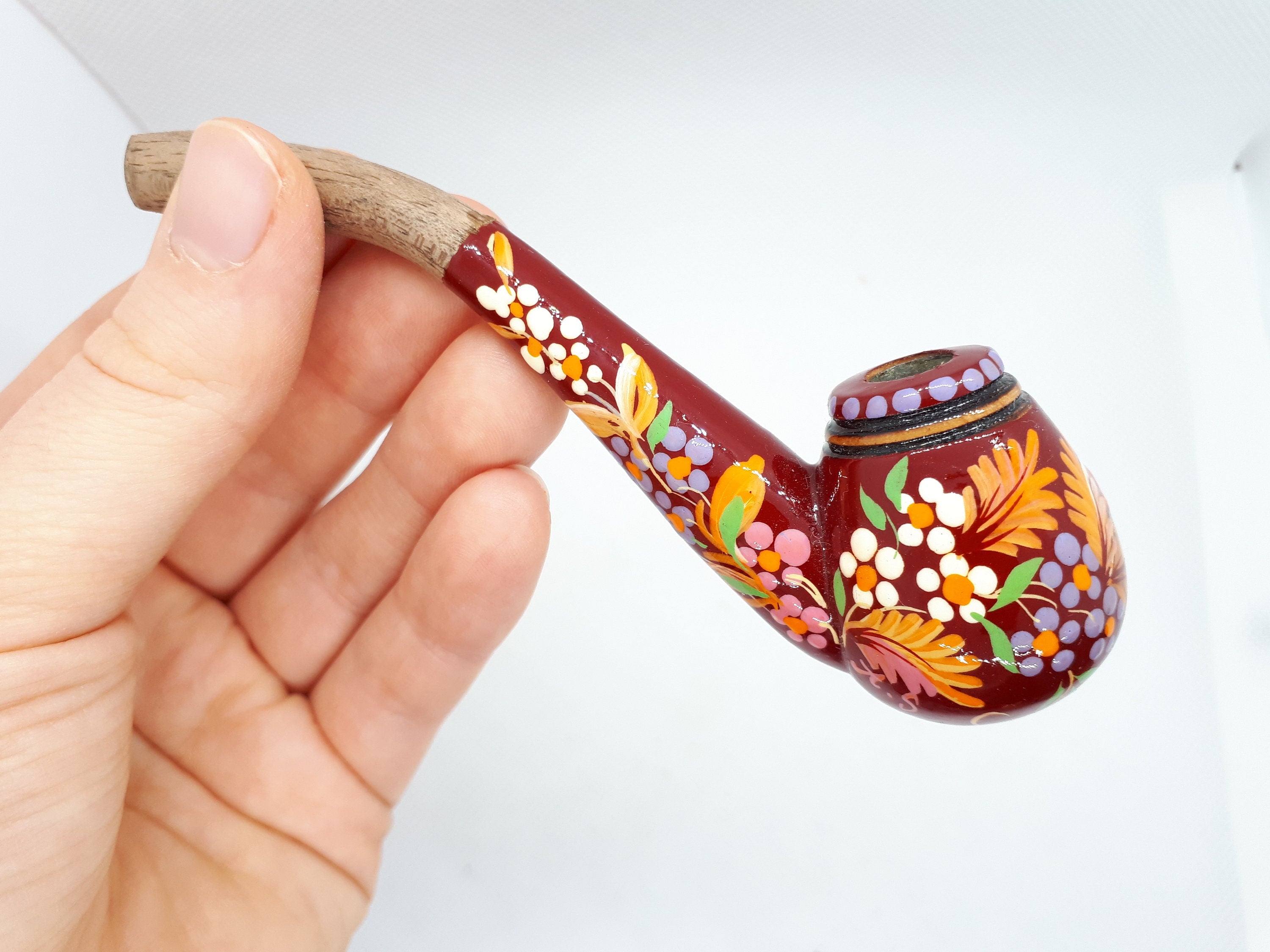 Regular Cigarette Holder - Painted Wooden Mini Pipe Cigarette Holder with Ukrainian Folk Art Petrykivka