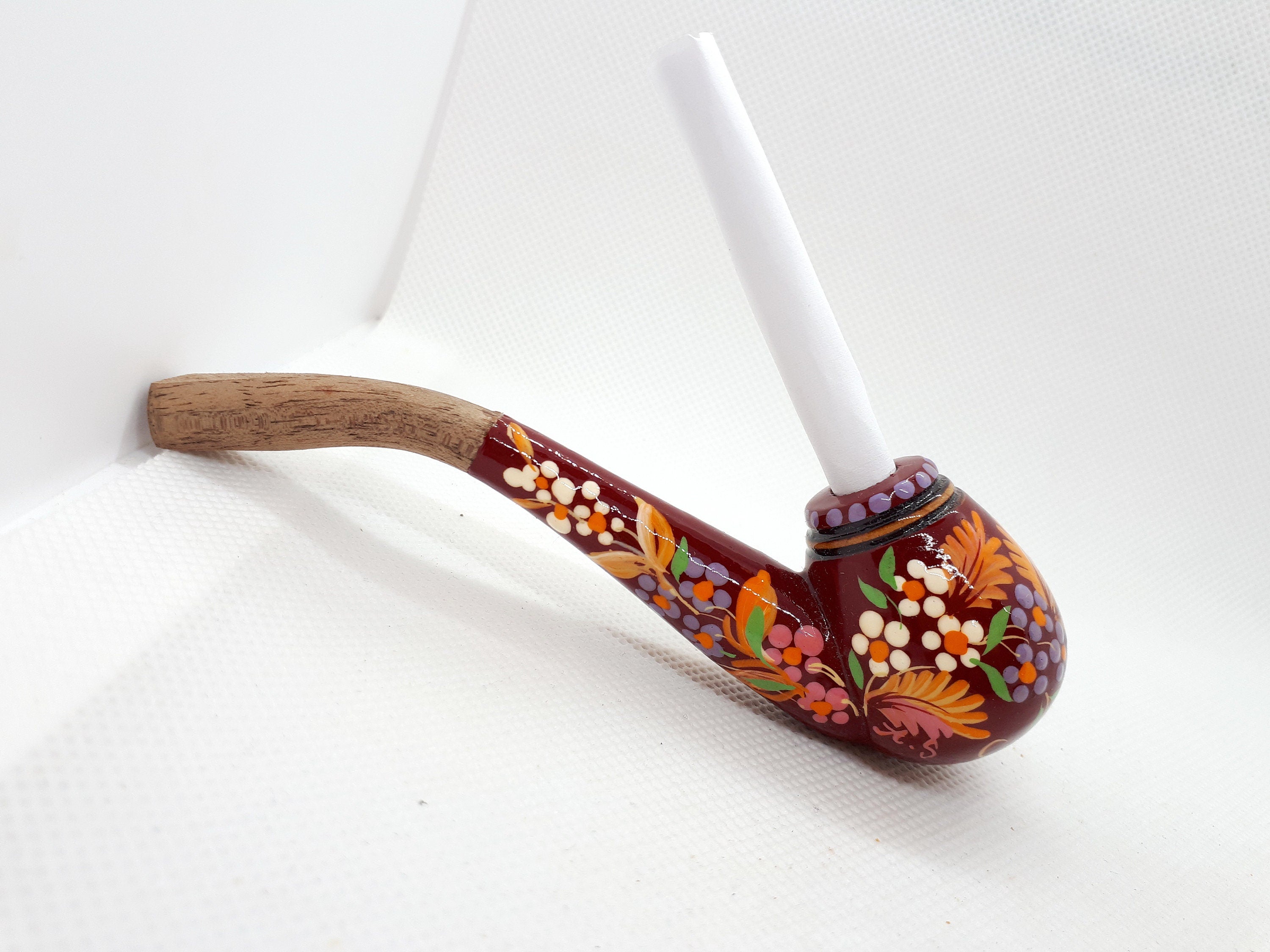 Regular Cigarette Holder - Painted Wooden Mini Pipe Cigarette Holder with Ukrainian Folk Art Petrykivka
