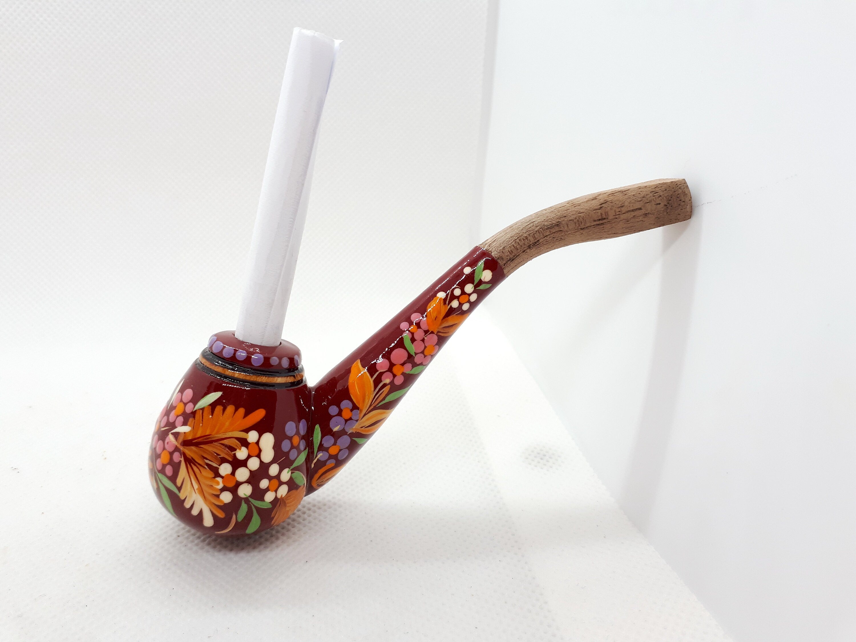 Regular Cigarette Holder - Painted Wooden Mini Pipe Cigarette Holder with Ukrainian Folk Art Petrykivka