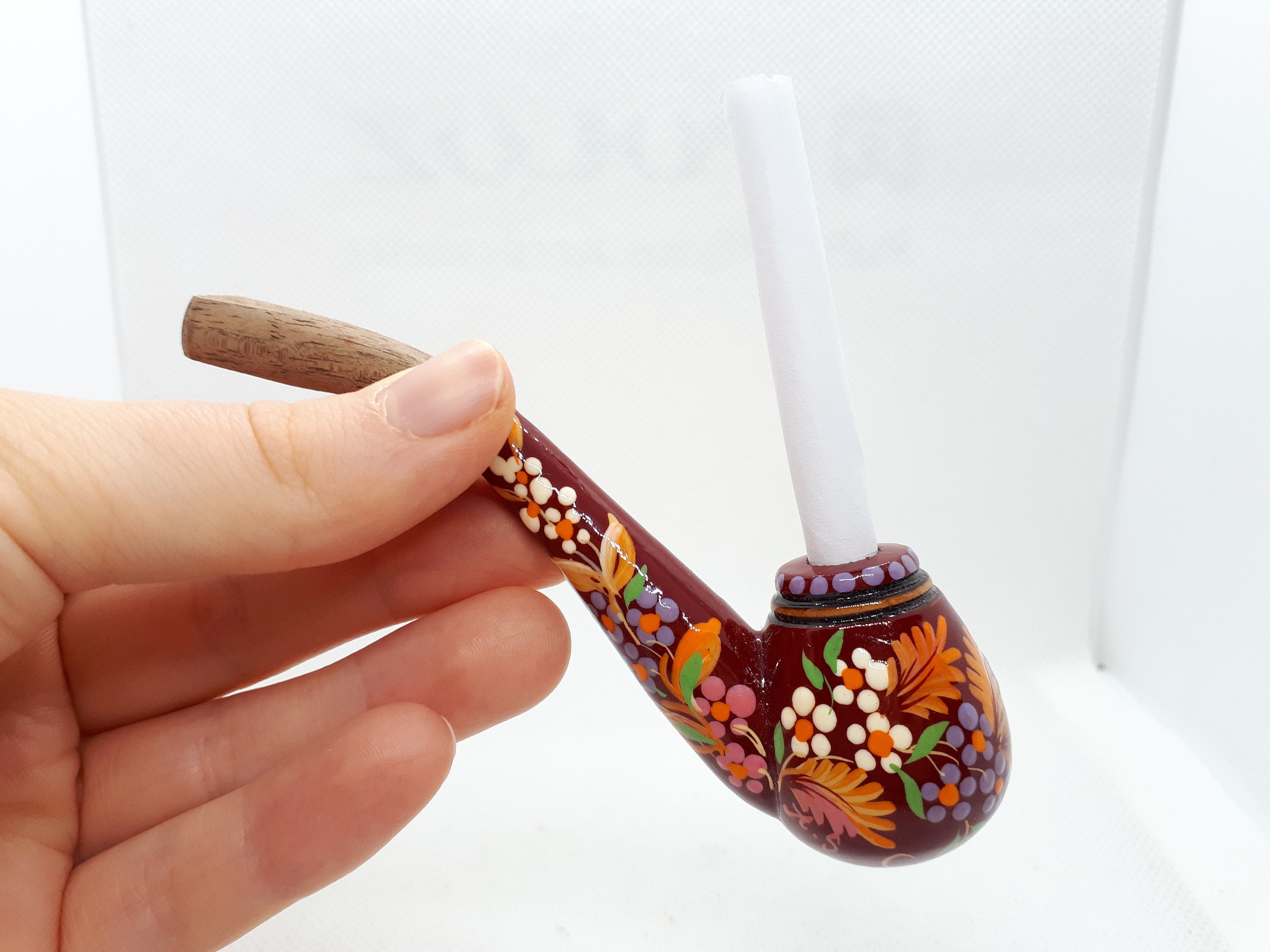 Regular Cigarette Holder - Painted Wooden Mini Pipe Cigarette Holder with Ukrainian Folk Art Petrykivka