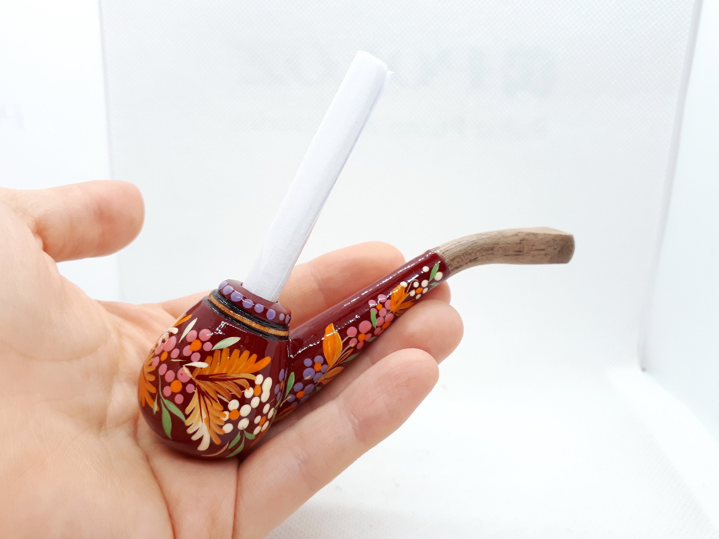 Regular Cigarette Holder - Painted Wooden Mini Pipe Cigarette Holder with Ukrainian Folk Art Petrykivka