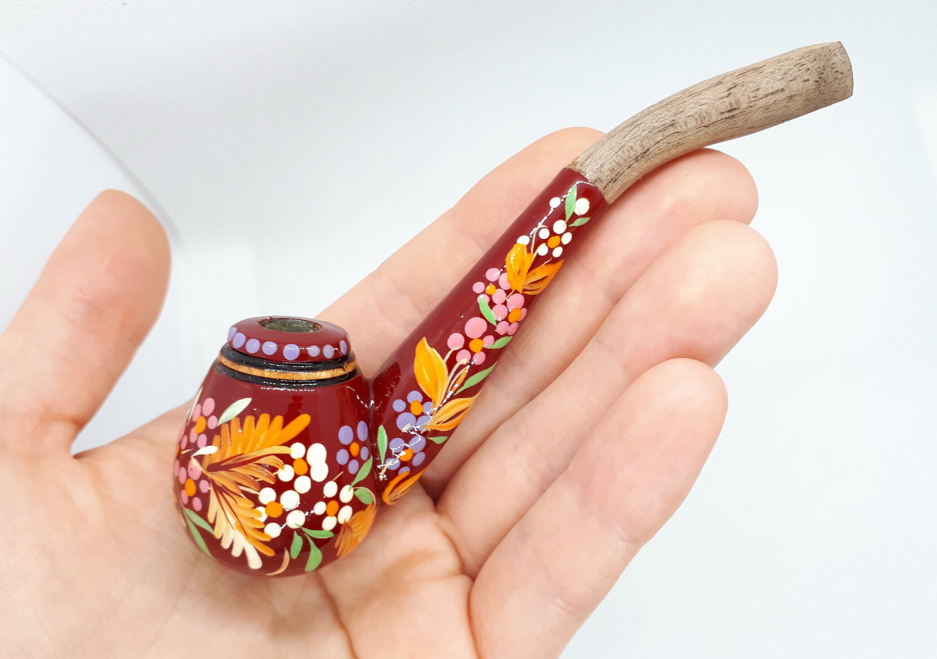 Regular Cigarette Holder - Painted Wooden Mini Pipe Cigarette Holder with Ukrainian Folk Art Petrykivka