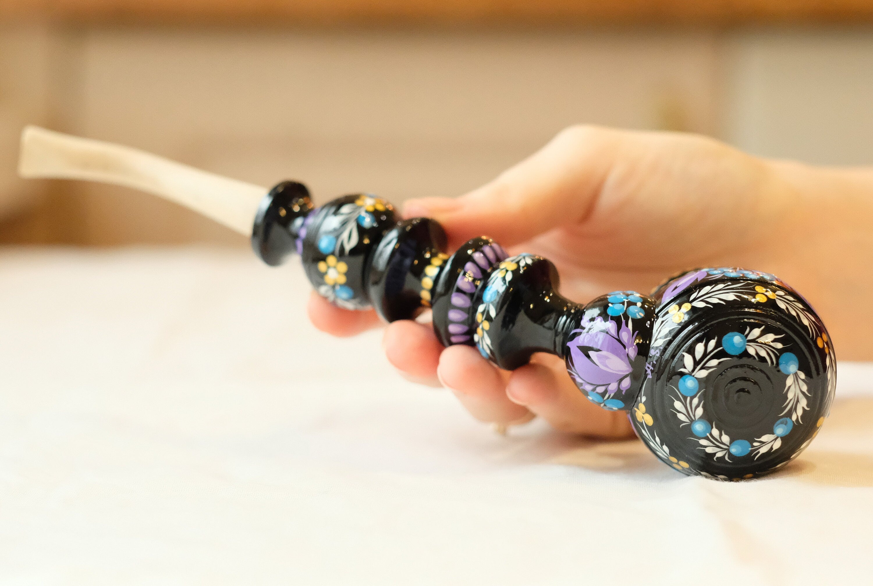 Long Wooden Smoking Pipe - Hand-painted Tobacco Pipe with Ukrainian Folk Art Petrykivka