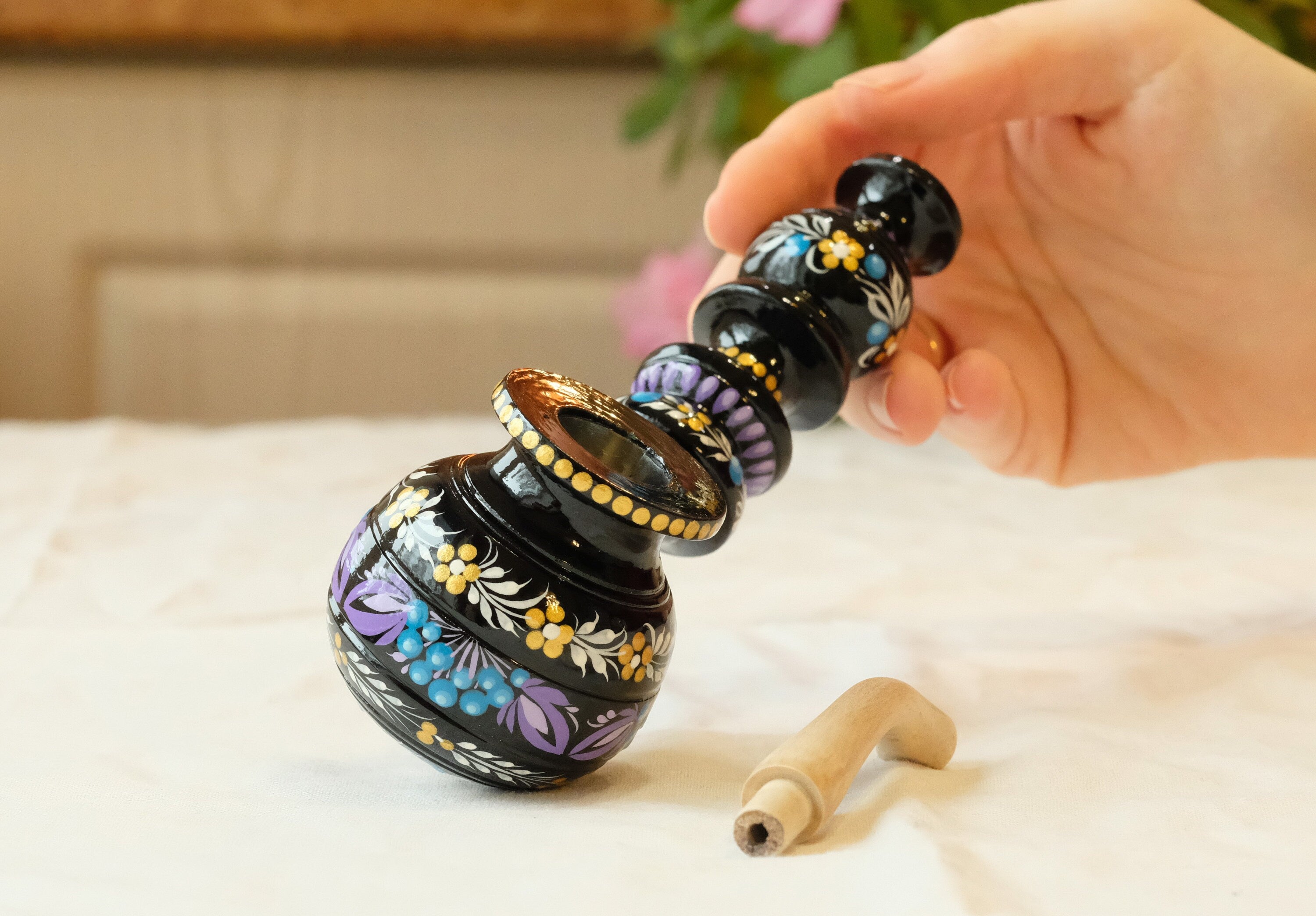 Long Wooden Smoking Pipe - Hand-painted Tobacco Pipe with Ukrainian Folk Art Petrykivka