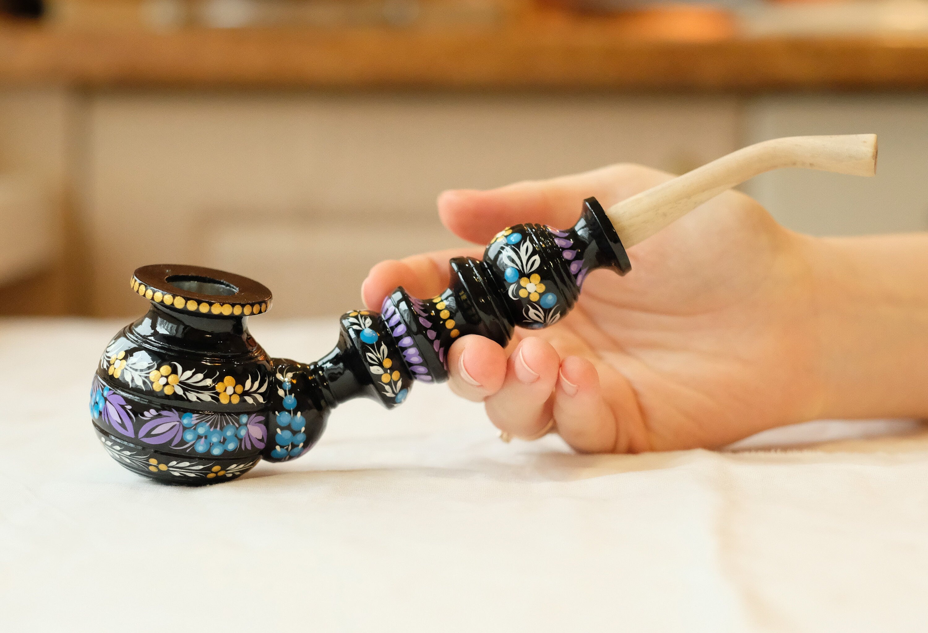 Long Wooden Smoking Pipe - Hand-painted Tobacco Pipe with Ukrainian Folk Art Petrykivka