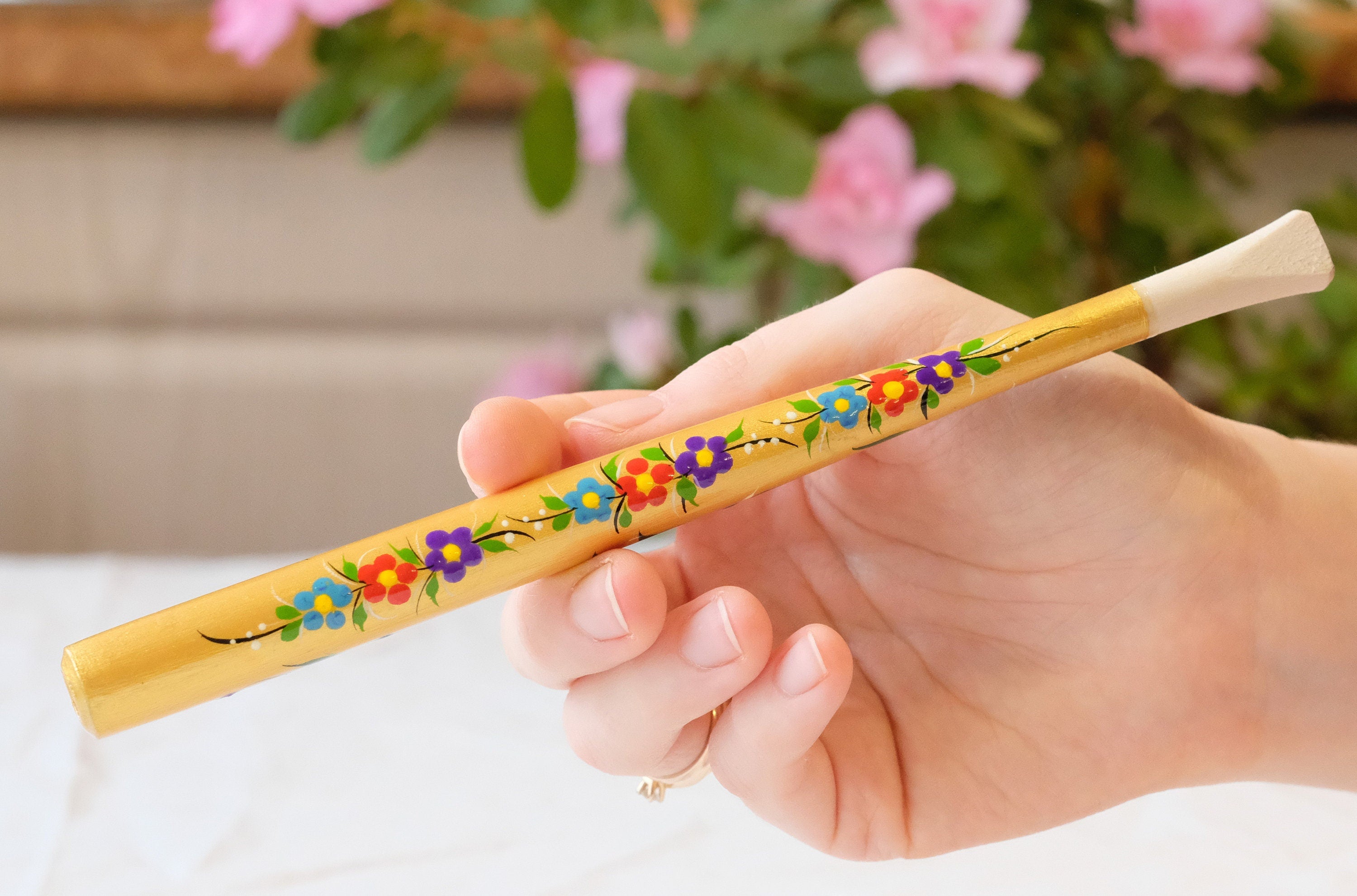 Long Regular Cigarette Holder - Painted Wooden Mushroom Cigarette Holder with Ukrainian Folk Art Petrykivka