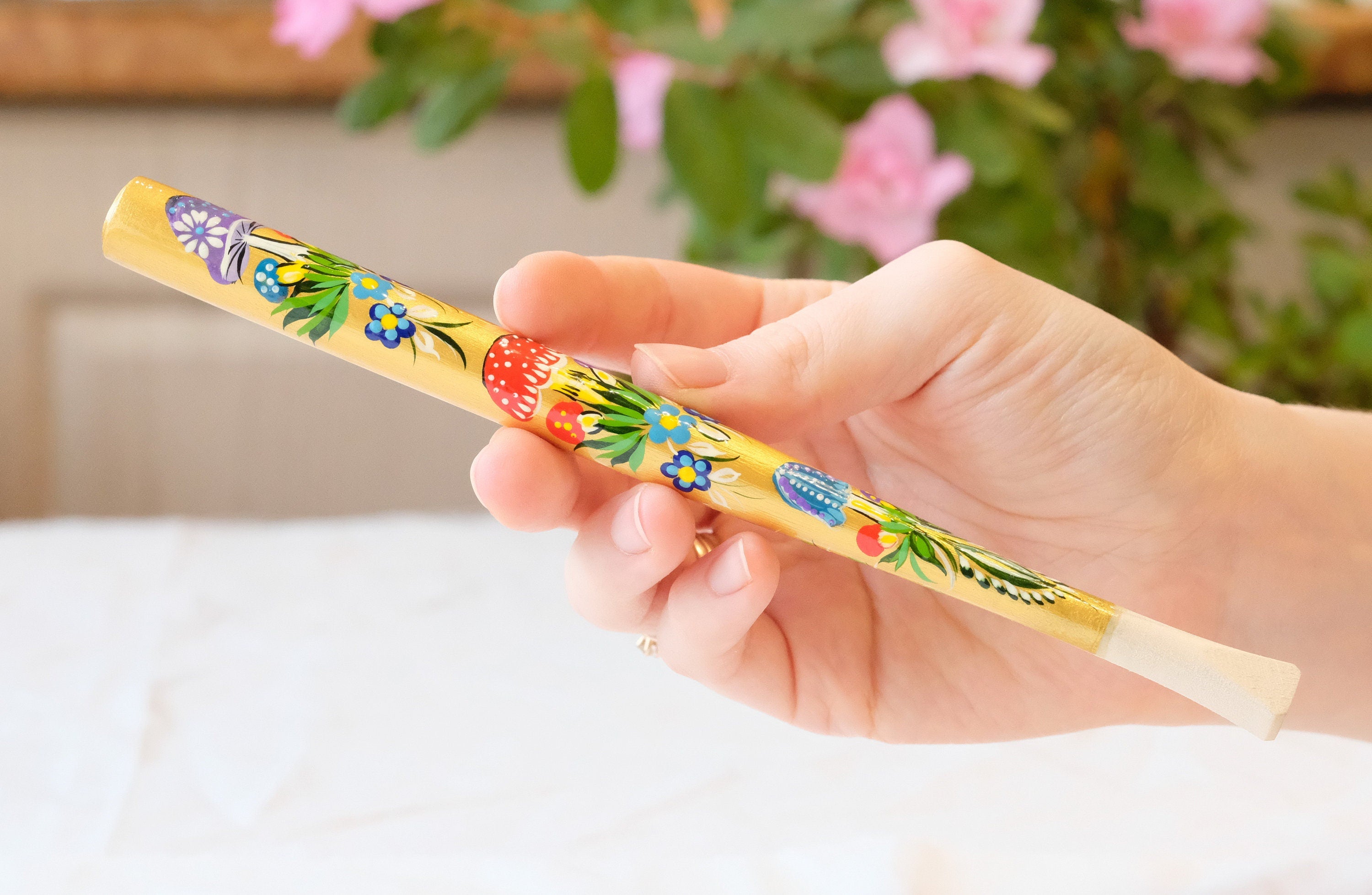 Long Regular Cigarette Holder - Painted Wooden Mushroom Cigarette Holder with Ukrainian Folk Art Petrykivka
