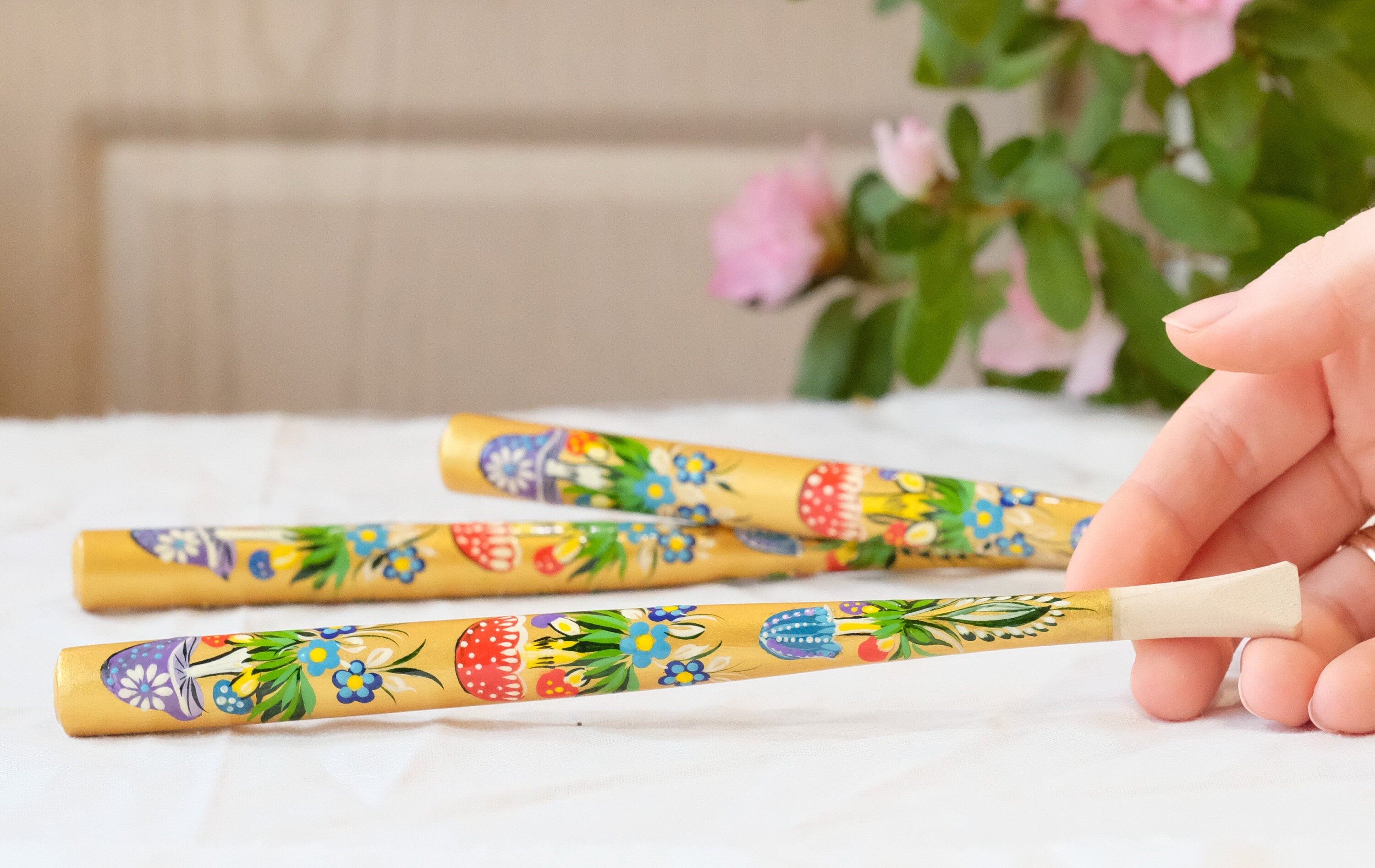 Long Regular Cigarette Holder - Painted Wooden Mushroom Cigarette Holder with Ukrainian Folk Art Petrykivka