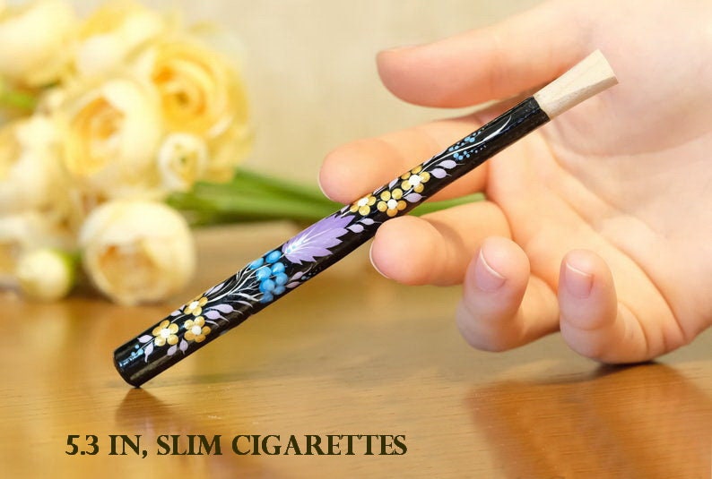 Regular & Slim Wooden Cigarette Holder - Painted Flower Mouthpiece with Ukrainian Folk Art Petrykivka
