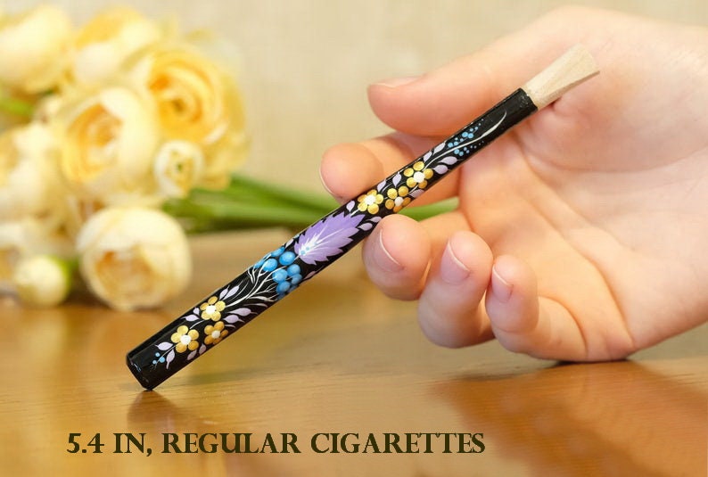 Regular & Slim Wooden Cigarette Holder - Painted Flower Mouthpiece with Ukrainian Folk Art Petrykivka