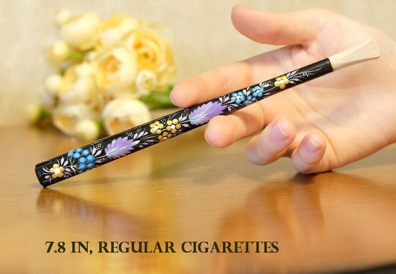 Regular & Slim Wooden Cigarette Holder - Painted Flower Mouthpiece with Ukrainian Folk Art Petrykivka