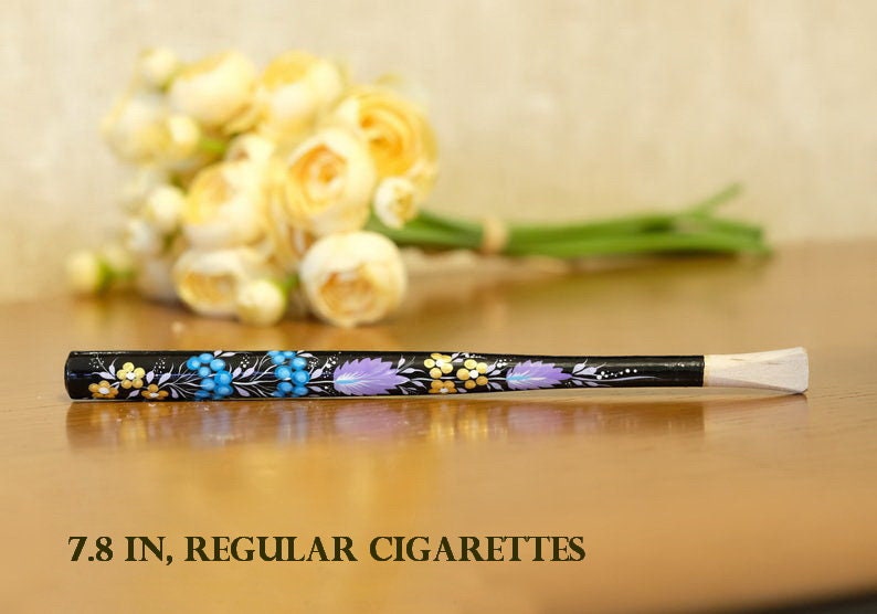Regular & Slim Wooden Cigarette Holder - Painted Flower Mouthpiece with Ukrainian Folk Art Petrykivka