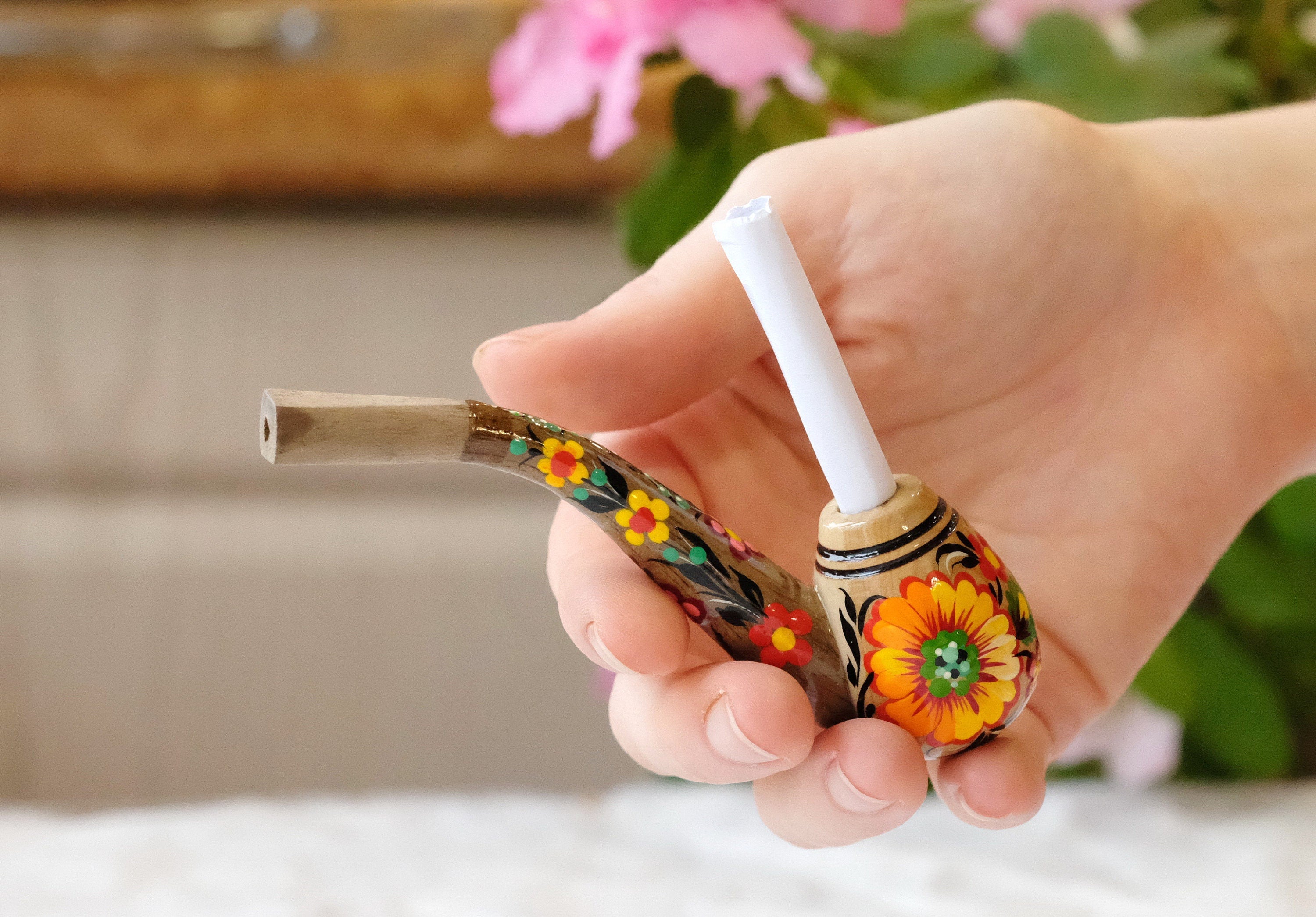 Regular Cigarette Holder - Painted Wooden Mini Pipe Cigarette Holder with Ukrainian Sunflowers