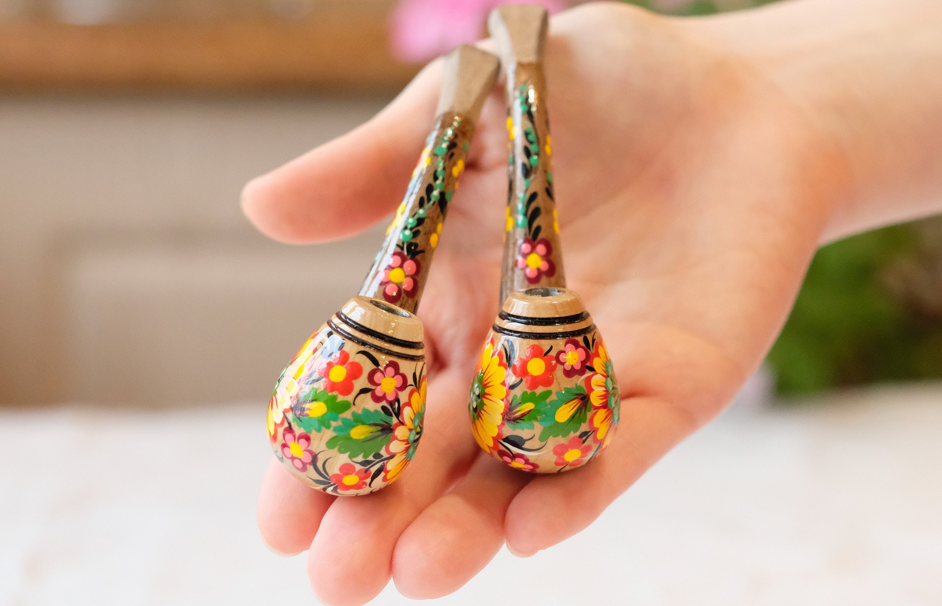 Regular Cigarette Holder - Painted Wooden Mini Pipe Cigarette Holder with Ukrainian Sunflowers