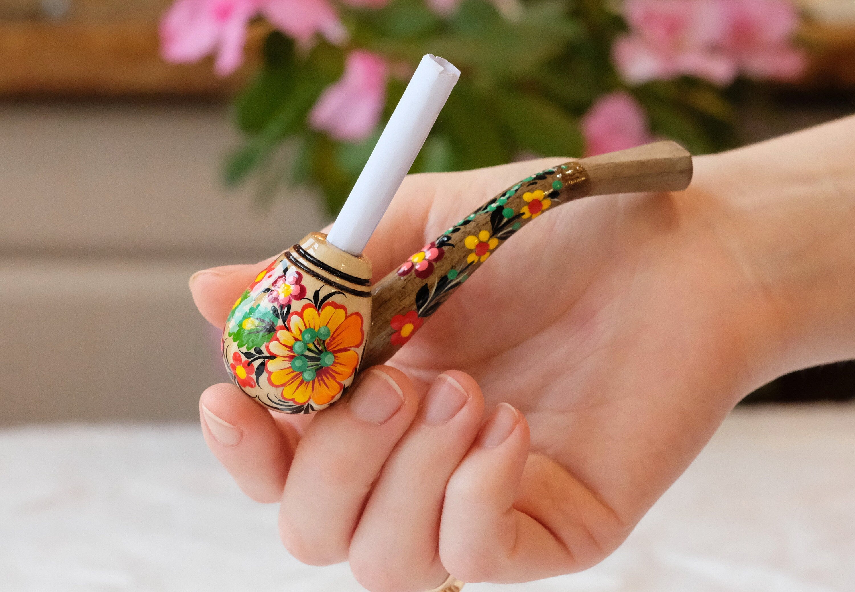 Regular Cigarette Holder - Painted Wooden Mini Pipe Cigarette Holder with Ukrainian Sunflowers