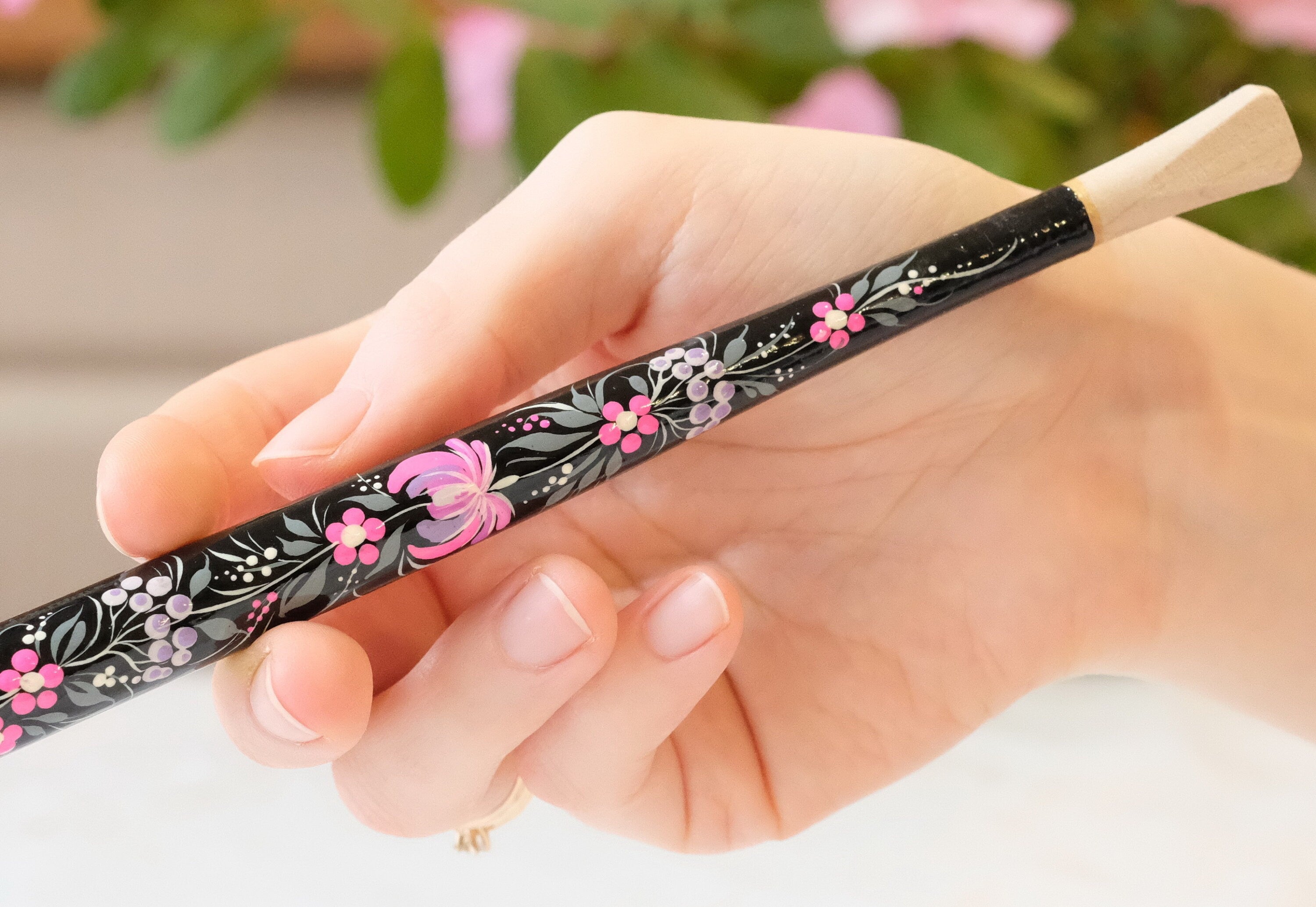 Long Regular Cigarette Holder 7.8 inches - Painted Wooden Pink Flower Mouthpiece with Ukrainian Folk Art Petrykivka