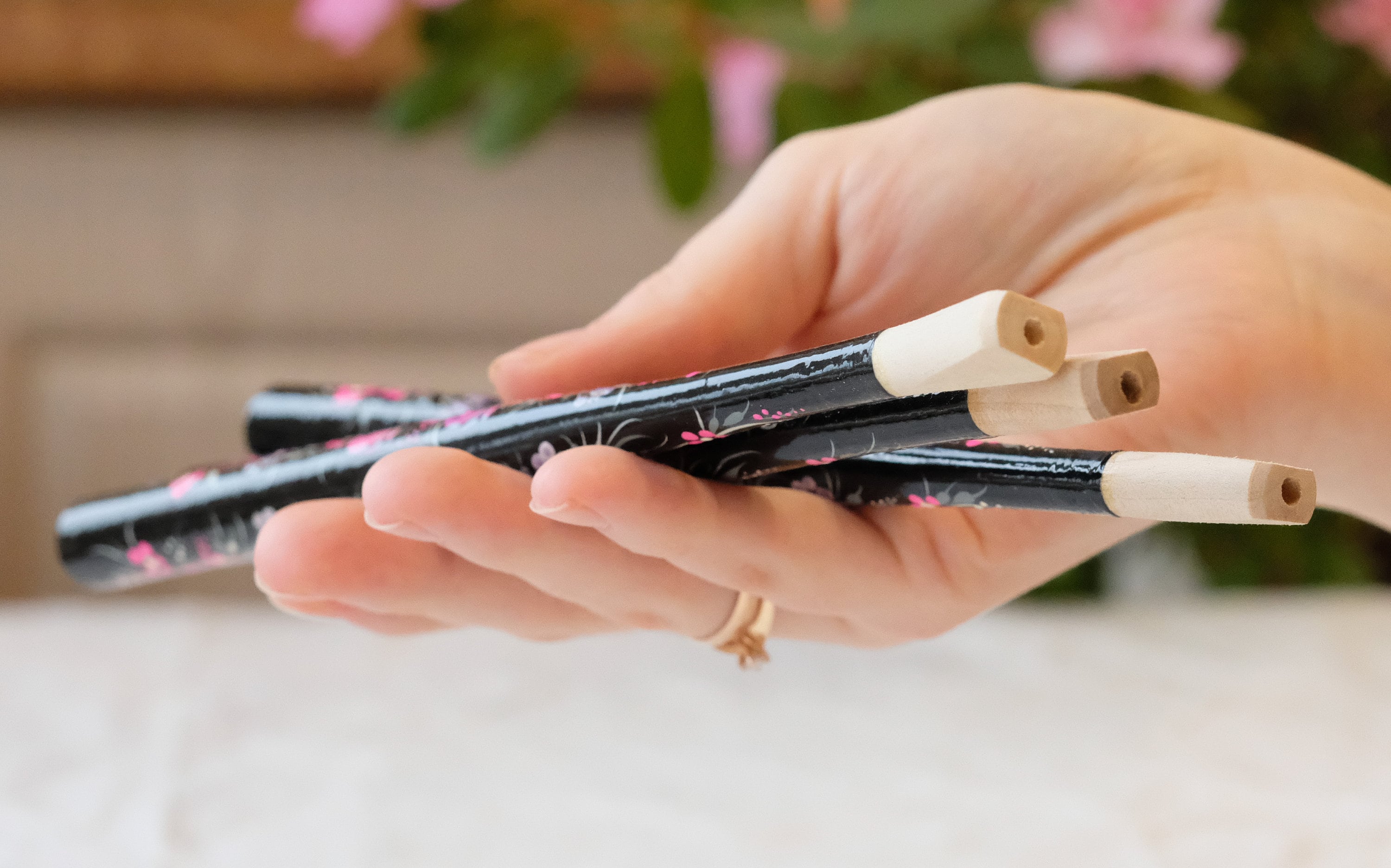 Long Regular Cigarette Holder 7.8 inches - Painted Wooden Pink Flower Mouthpiece with Ukrainian Folk Art Petrykivka