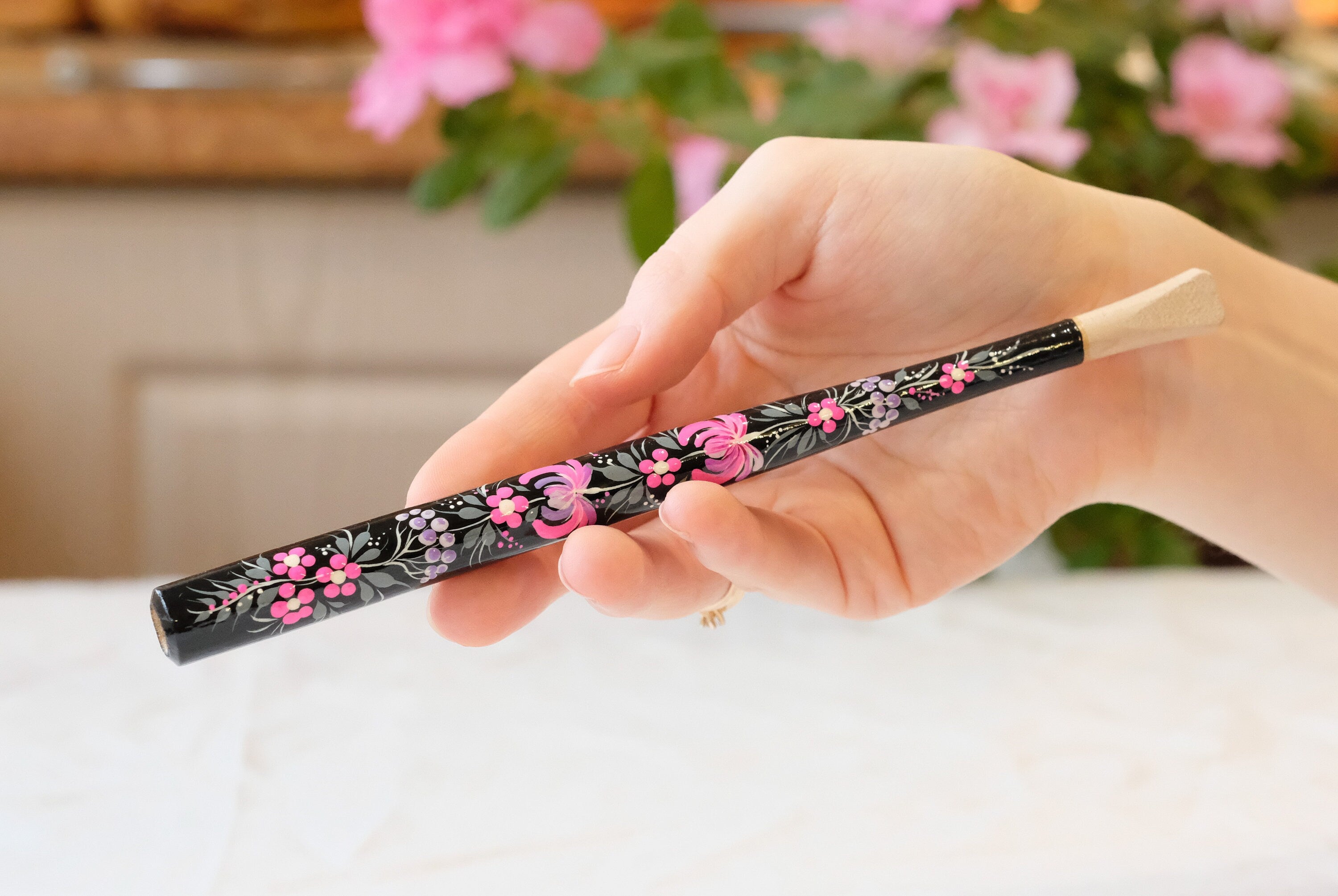 Long Regular Cigarette Holder 7.8 inches - Painted Wooden Pink Flower Mouthpiece with Ukrainian Folk Art Petrykivka