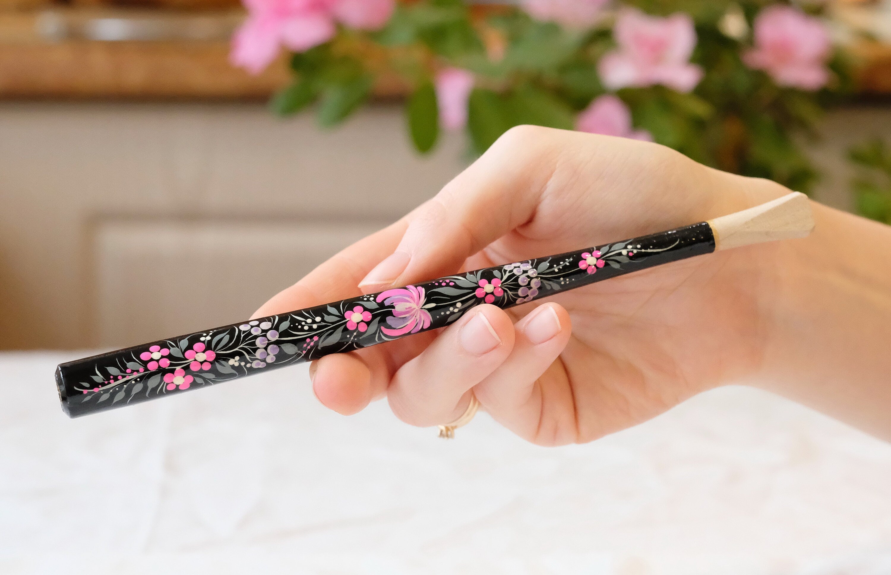 Long Regular Cigarette Holder 7.8 inches - Painted Wooden Pink Flower Mouthpiece with Ukrainian Folk Art Petrykivka
