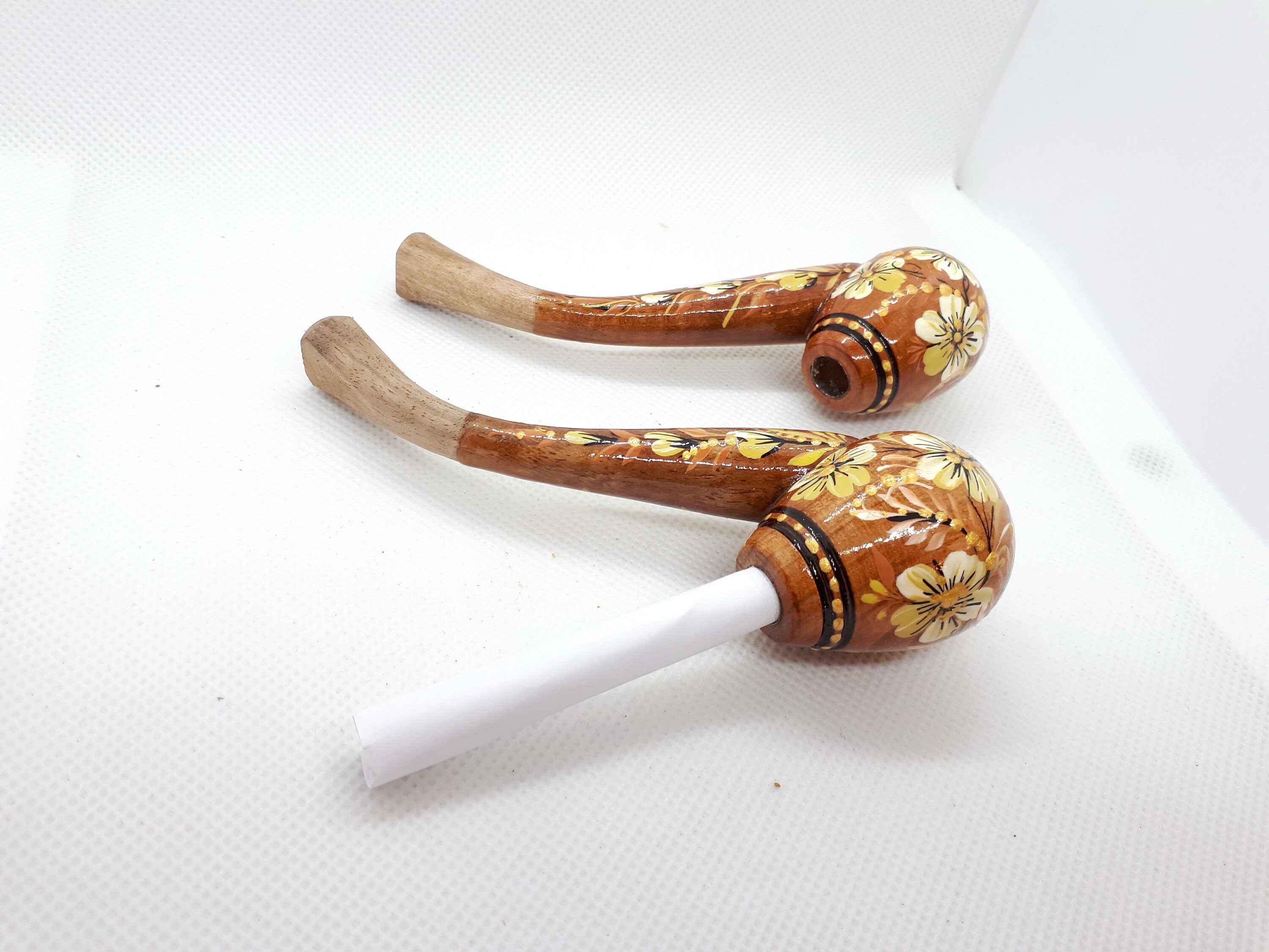Regular Cigarette Holder - Painted Wooden Mini Pipe Cigarette Holder with Ukrainian Folk Art Petrykivka