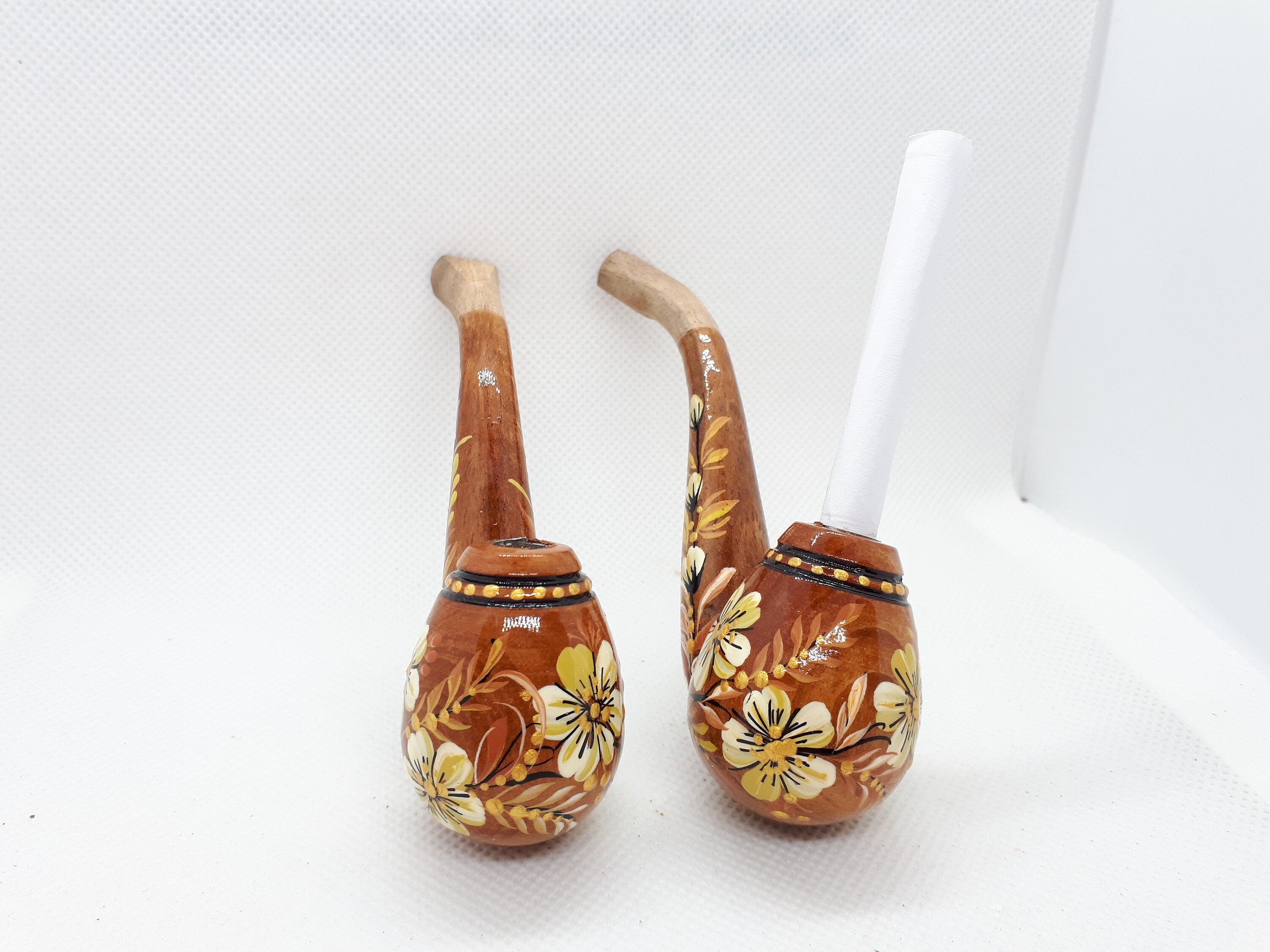 Regular Cigarette Holder - Painted Wooden Mini Pipe Cigarette Holder with Ukrainian Folk Art Petrykivka