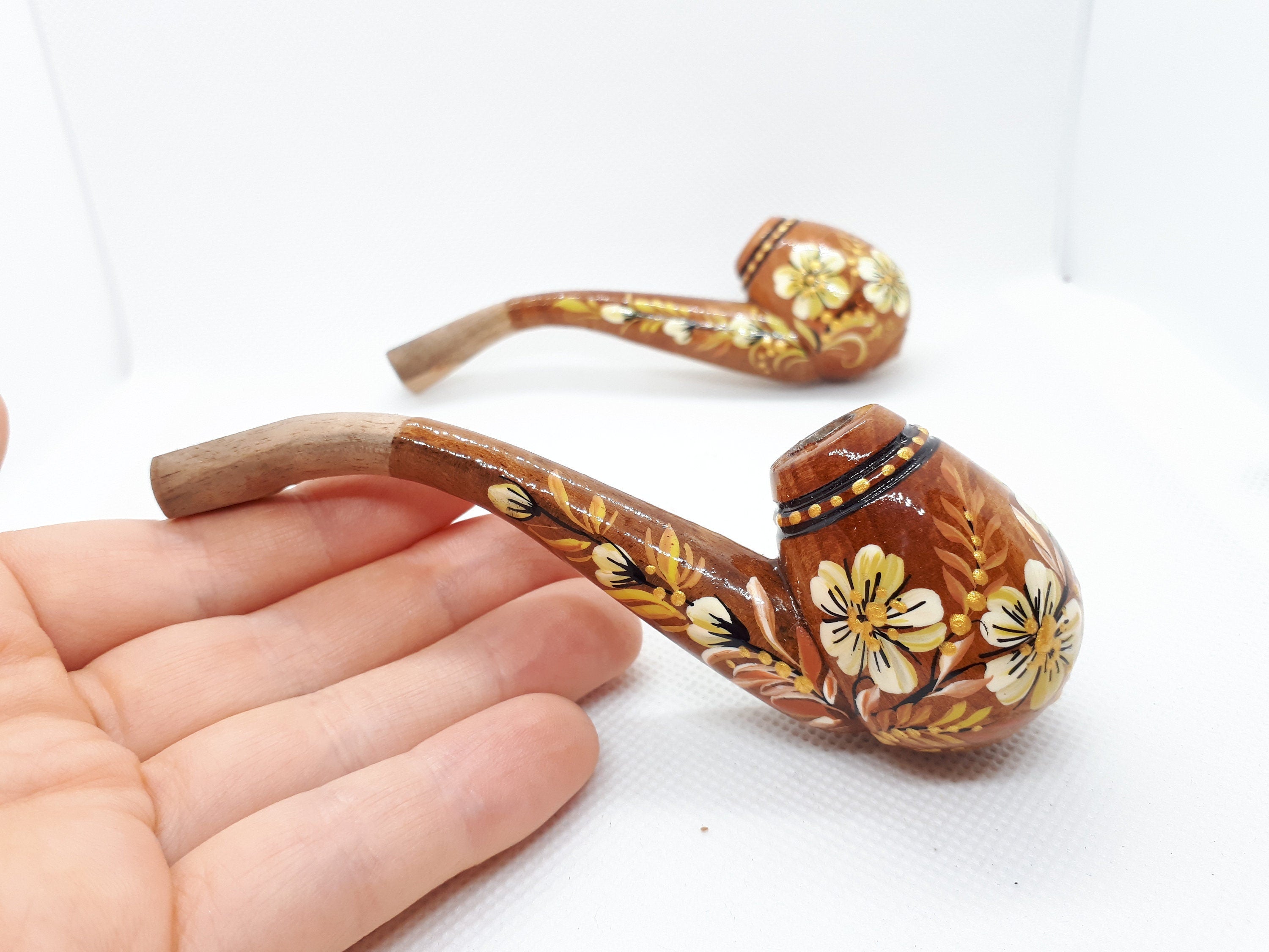 Regular Cigarette Holder - Painted Wooden Mini Pipe Cigarette Holder with Ukrainian Folk Art Petrykivka