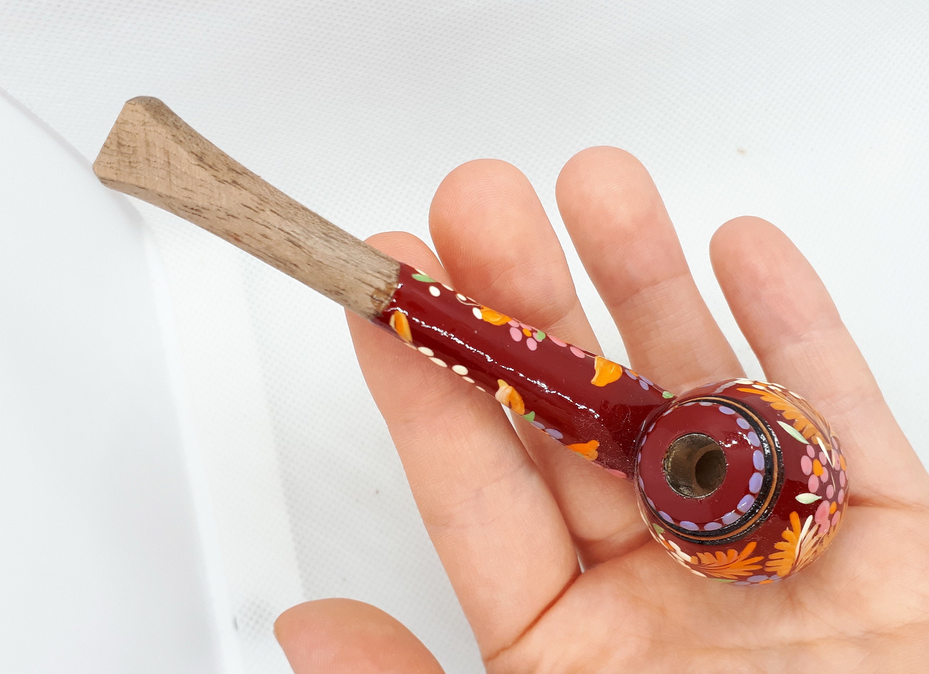 Regular Cigarette Holder - Painted Wooden Mini Pipe Cigarette Holder with Ukrainian Folk Art Petrykivka