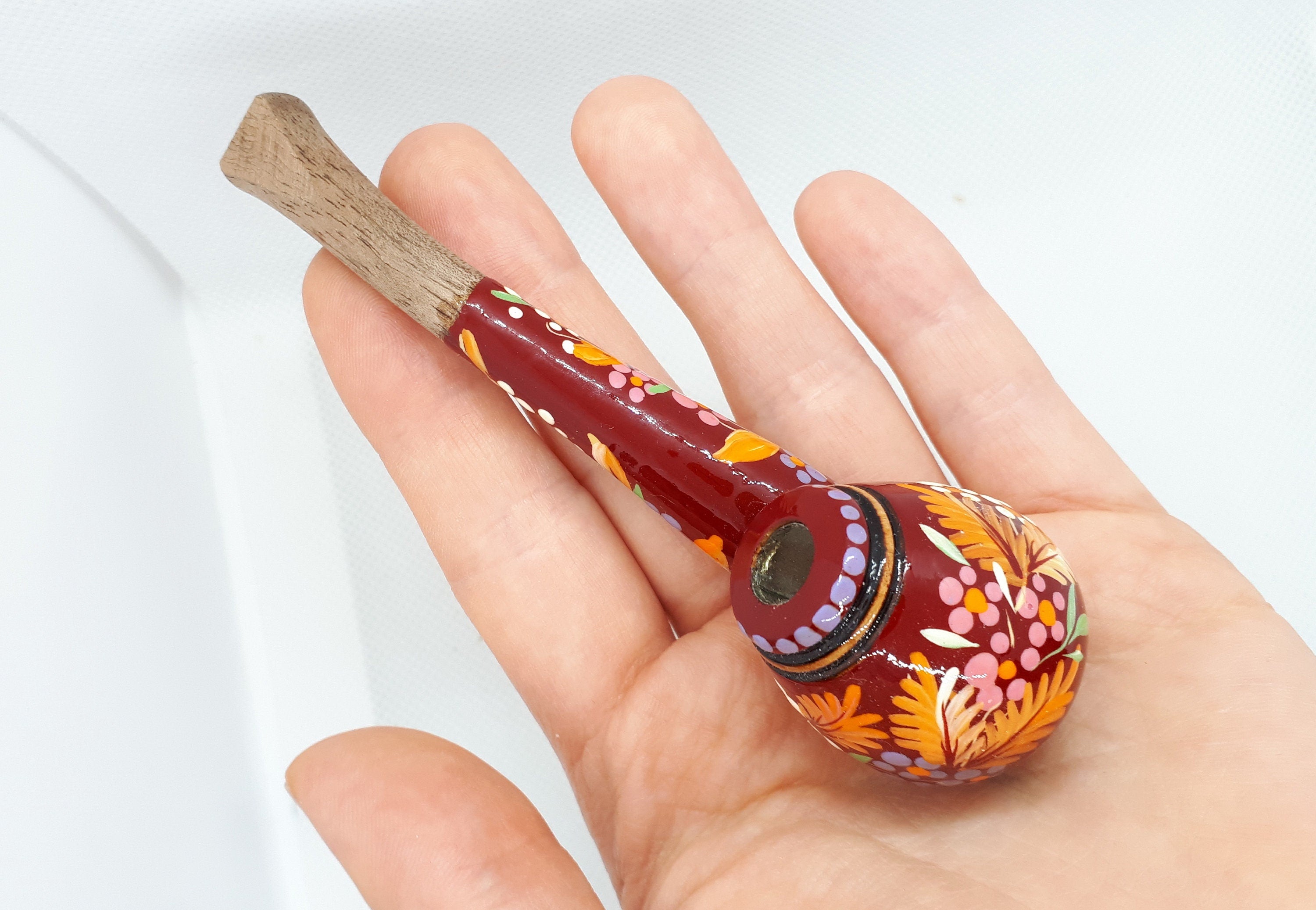 Regular Cigarette Holder - Painted Wooden Mini Pipe Cigarette Holder with Ukrainian Folk Art Petrykivka