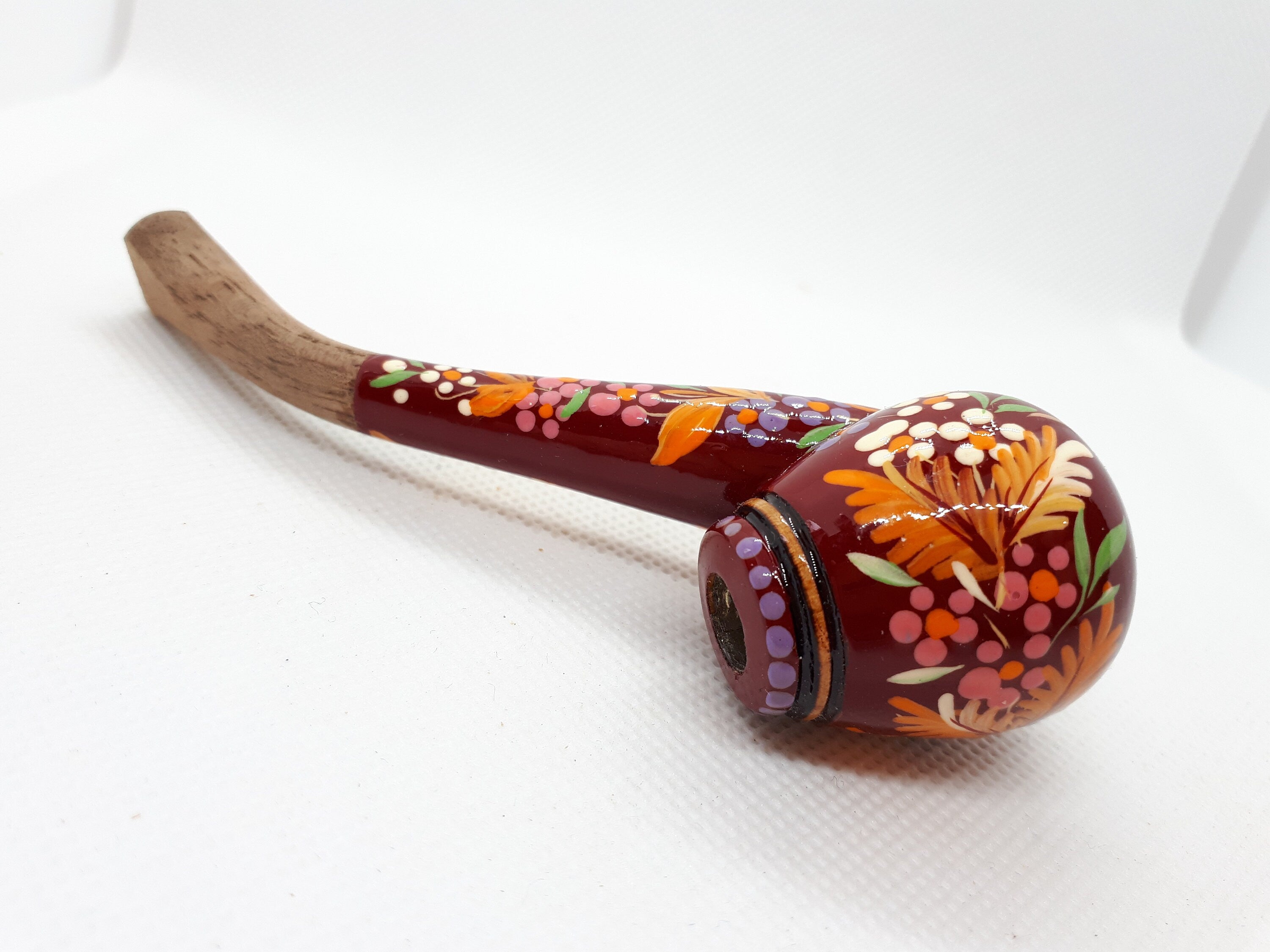 Regular Cigarette Holder - Painted Wooden Mini Pipe Cigarette Holder with Ukrainian Folk Art Petrykivka