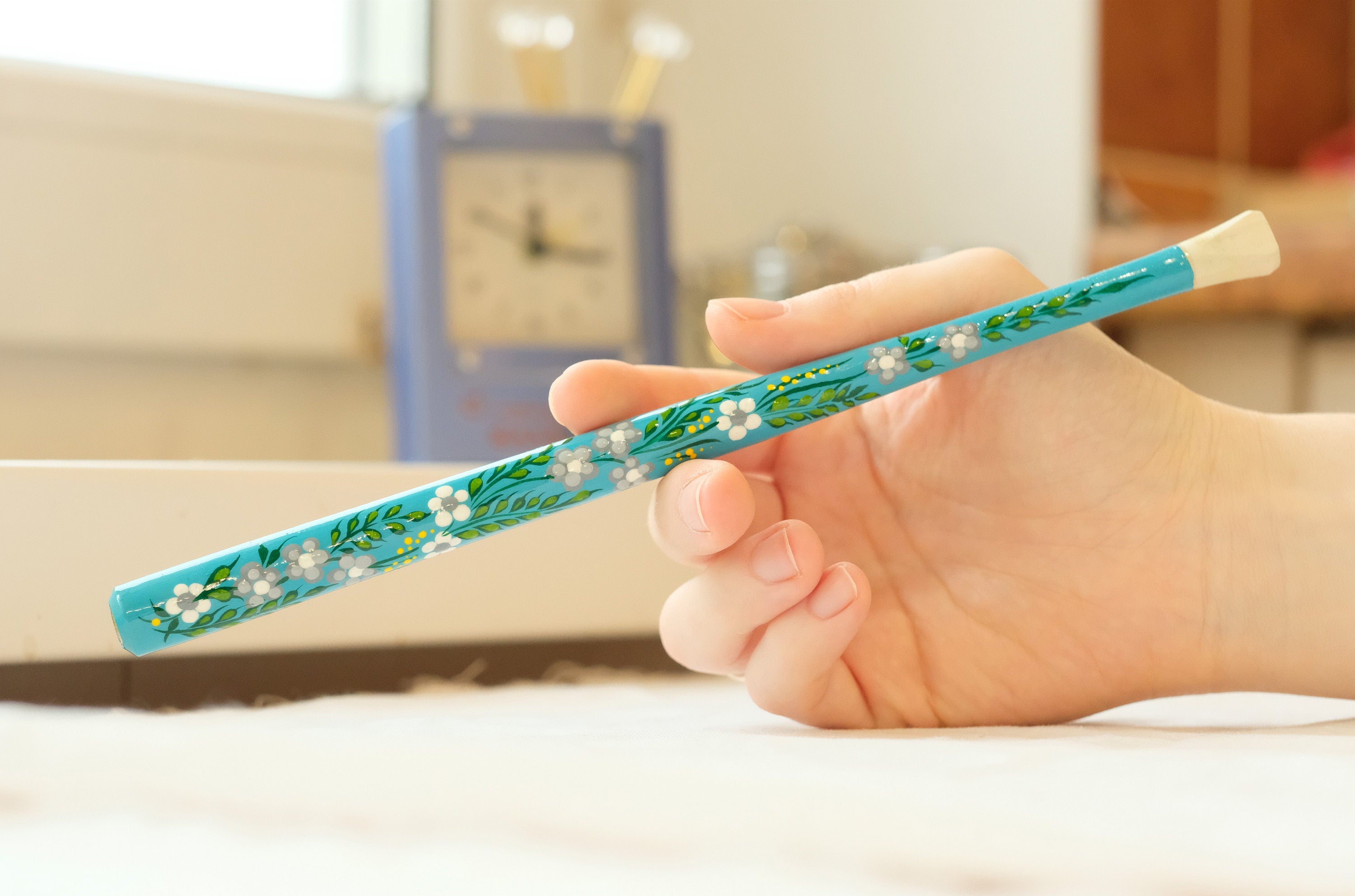 Extra long regular cigarette holder 9.1"/23 cm - Hand-painted wooden turquoise flower cigarette holder with Ukrainian Petrykivka art